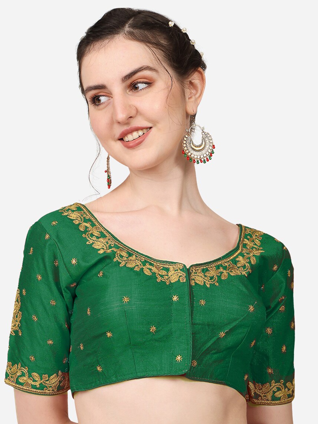 

PUJIA MILLS Green Embellished Silk Saree Blouse