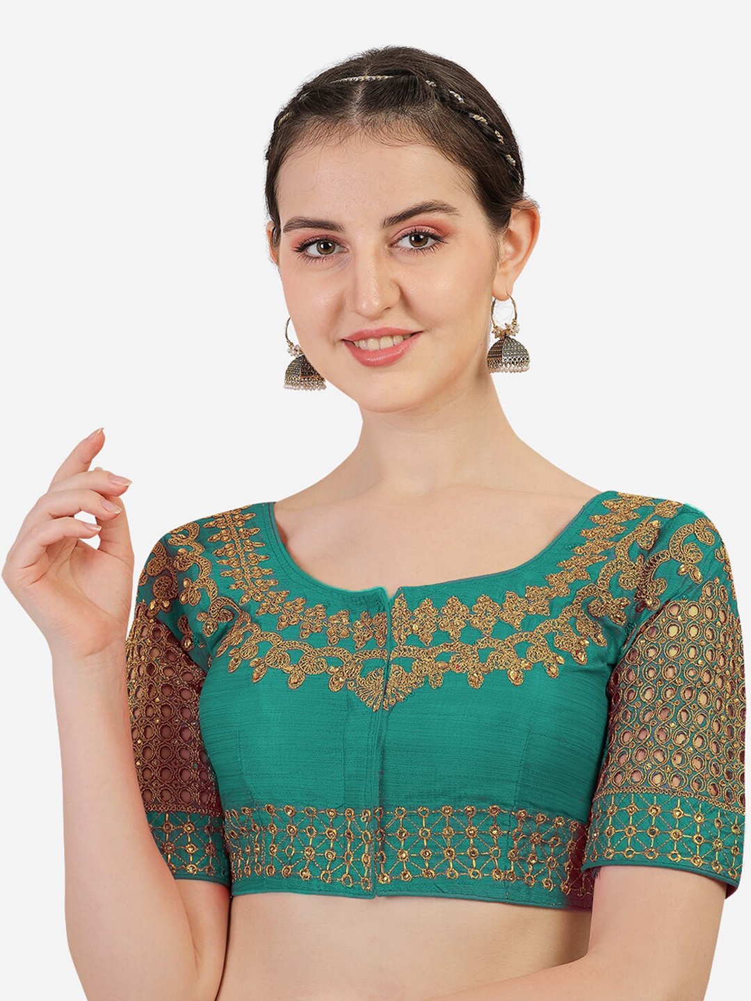 

PUJIA MILLS Teal Green & Gold-Toned Embellished Saree Blouse