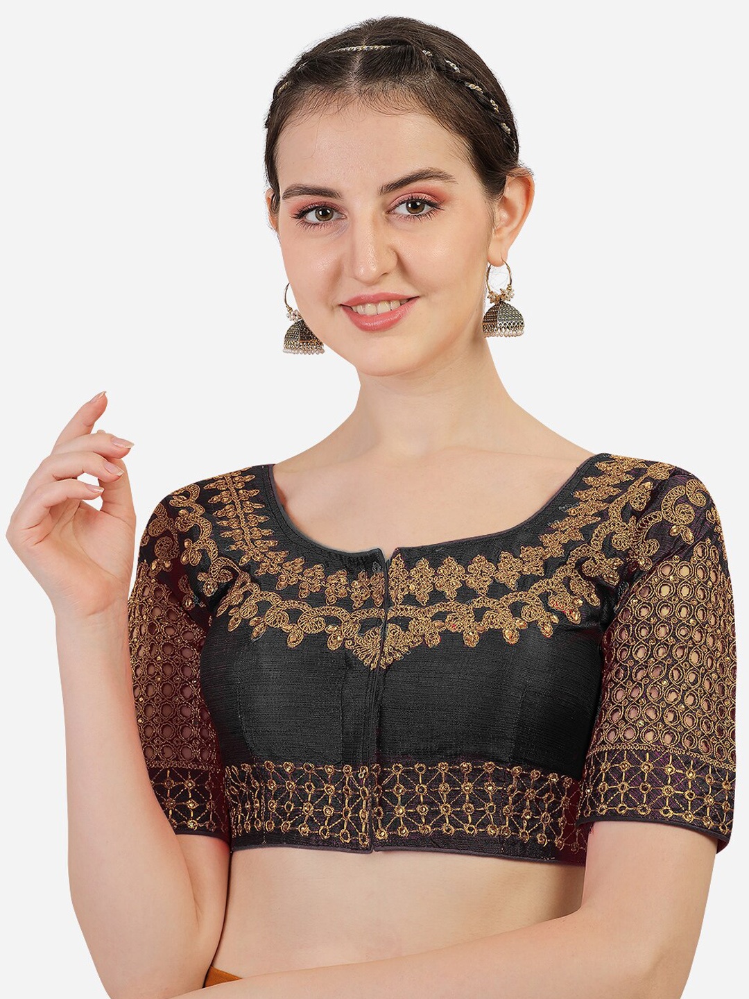 

PUJIA MILLS Women Black Embroidered Silk Saree Blouse