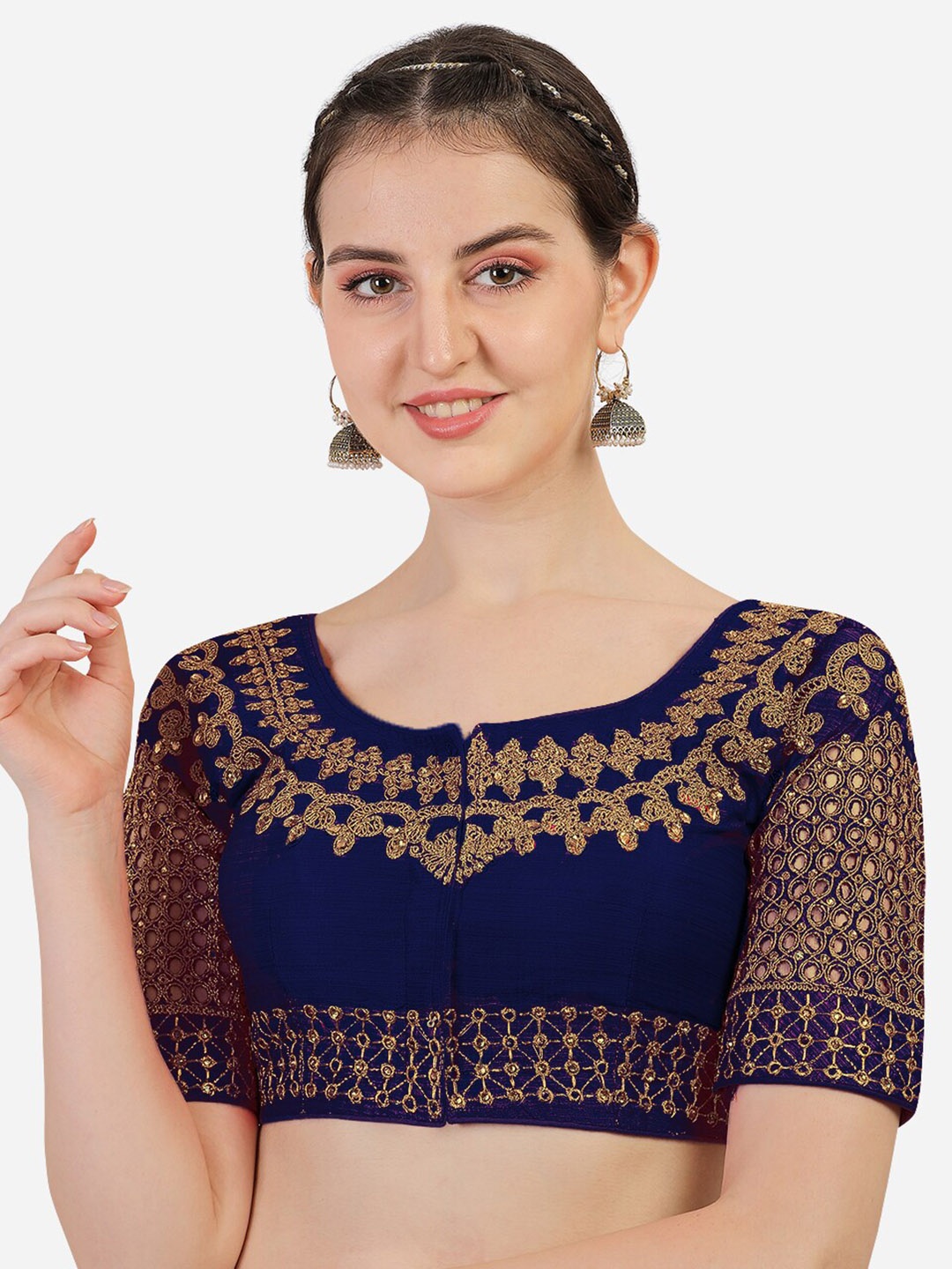 

PUJIA MILLS Navy Blue & Gold-Coloured Embroidered Saree Blouse