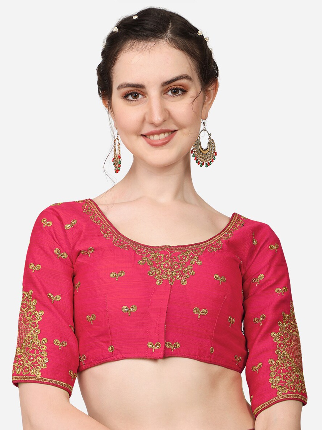 

PUJIA MILLS Red Embroidered & Stone Work Silk Saree Blouse