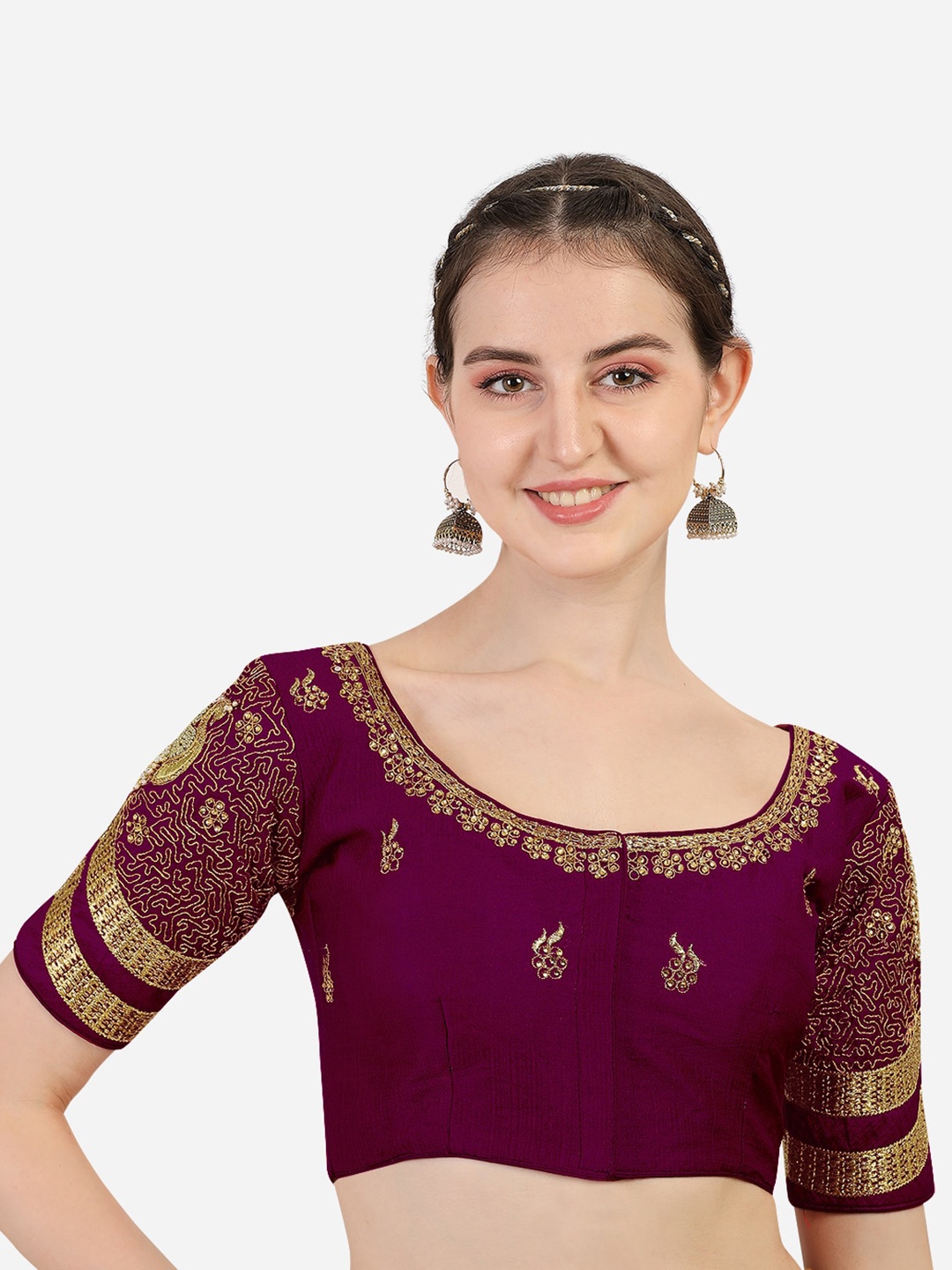 

PUJIA MILLS Women Violet Embroidered Readymade Saree Blouse, Magenta