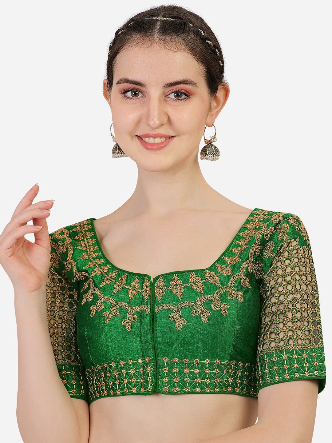 

PUJIA MILLS Green Embroidered Silk Saree Blouse