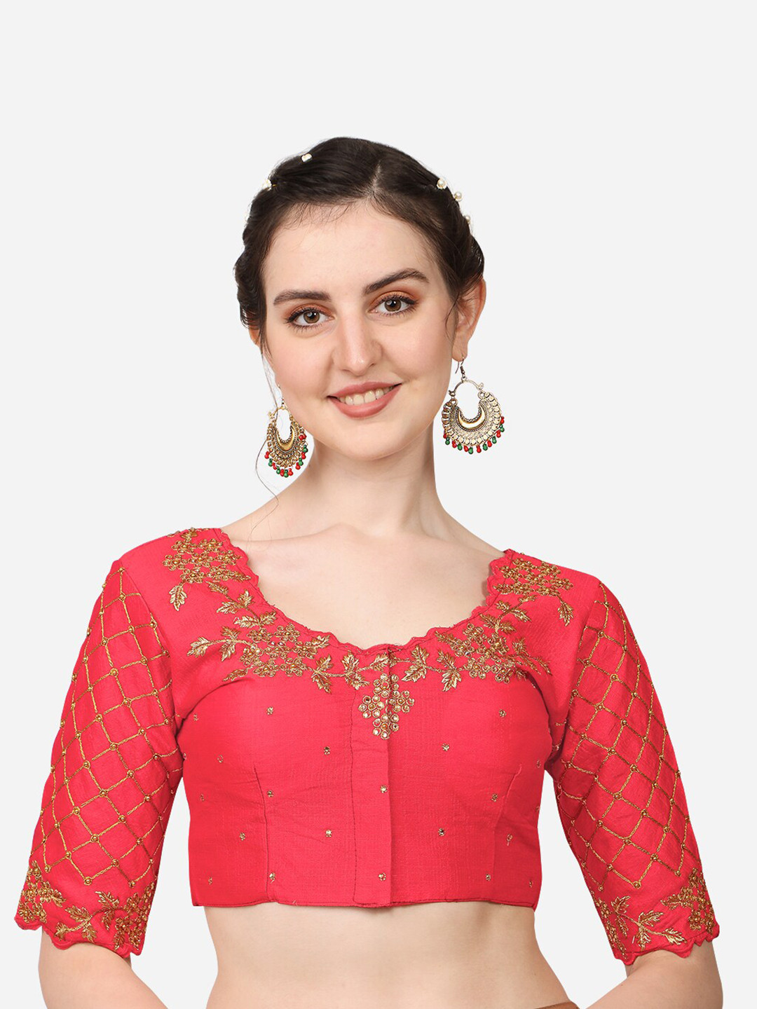 

PUJIA MILLS Women Red Embroidered & Stone Work Saree Blouse