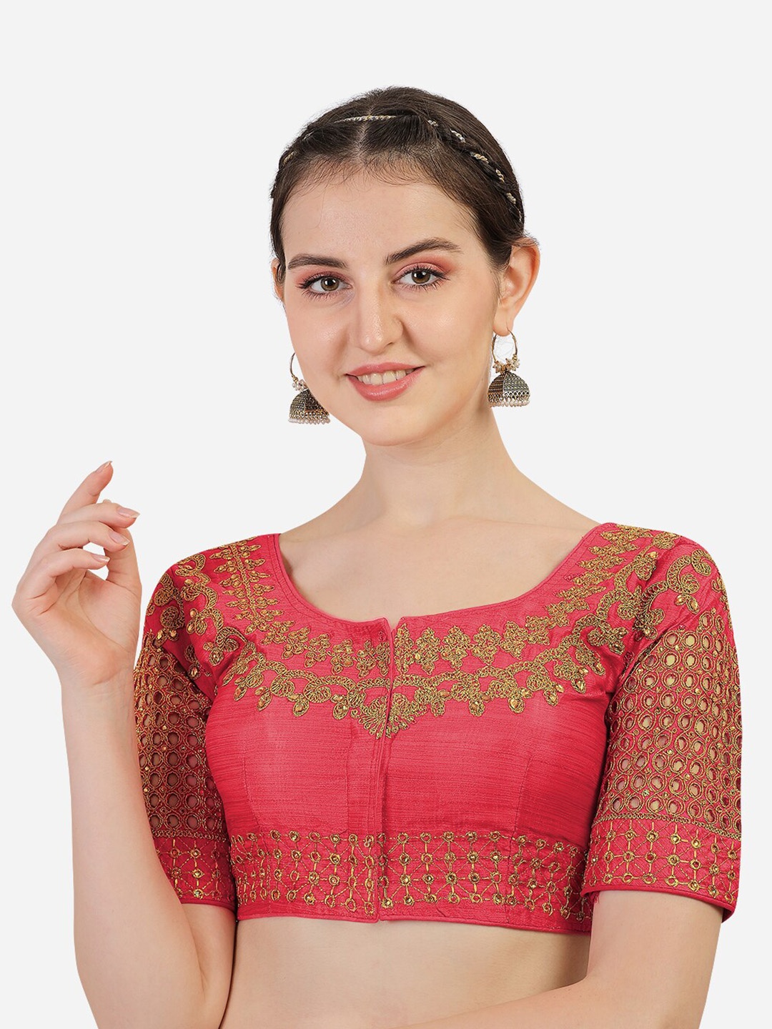 

PUJIA MILLS Pink & Gold-Coloured Embroidered Saree Blouse