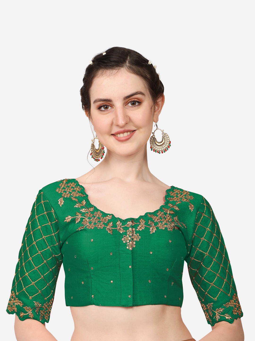 

PUJIA MILLS Green Embroidered Saree Blouse