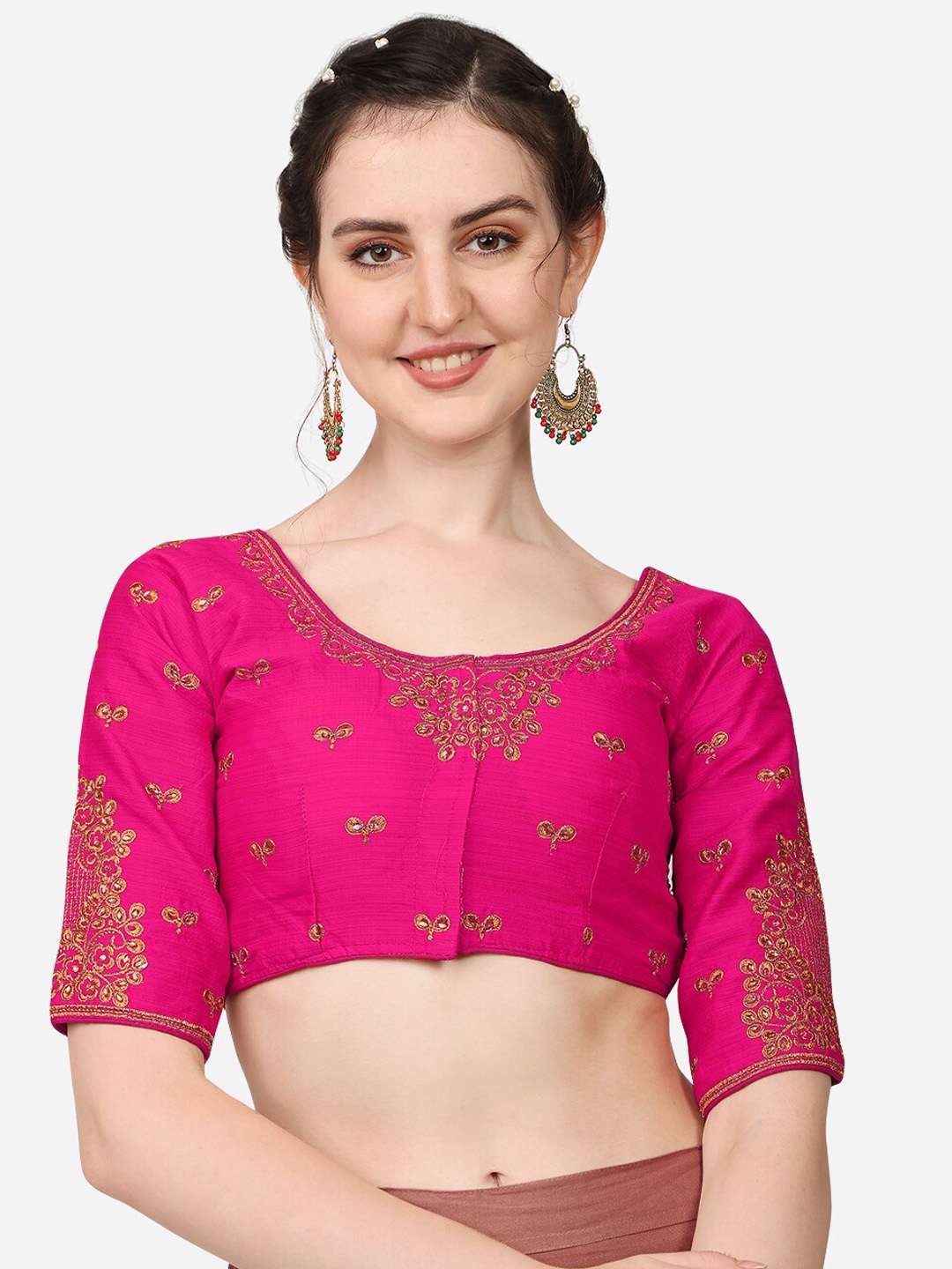

PUJIA MILLS Pink & Gold-Coloured Embroidered Saree Blouse