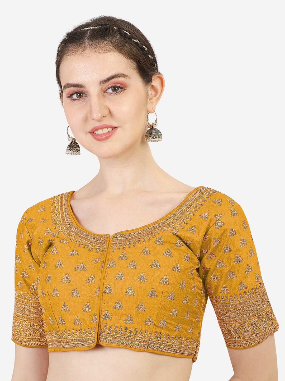 

PUJIA MILLS Yellow & Gold-Coloured Embroidered Saree Blouse