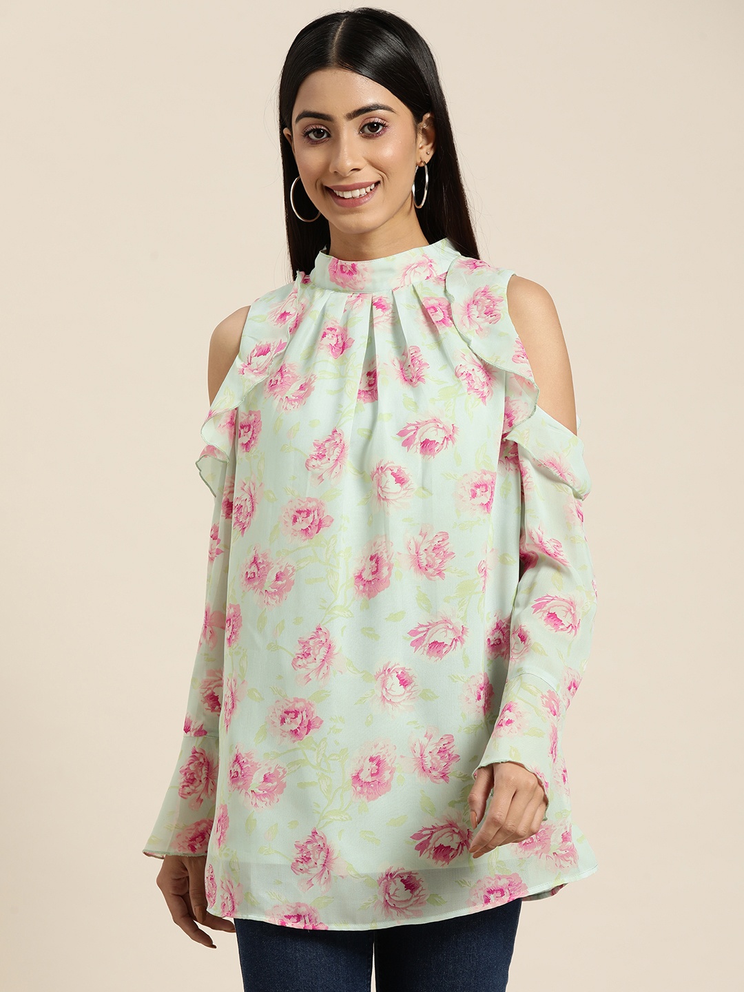 

Qurvii Floral Print Ruffles Georgette Top, Sea green