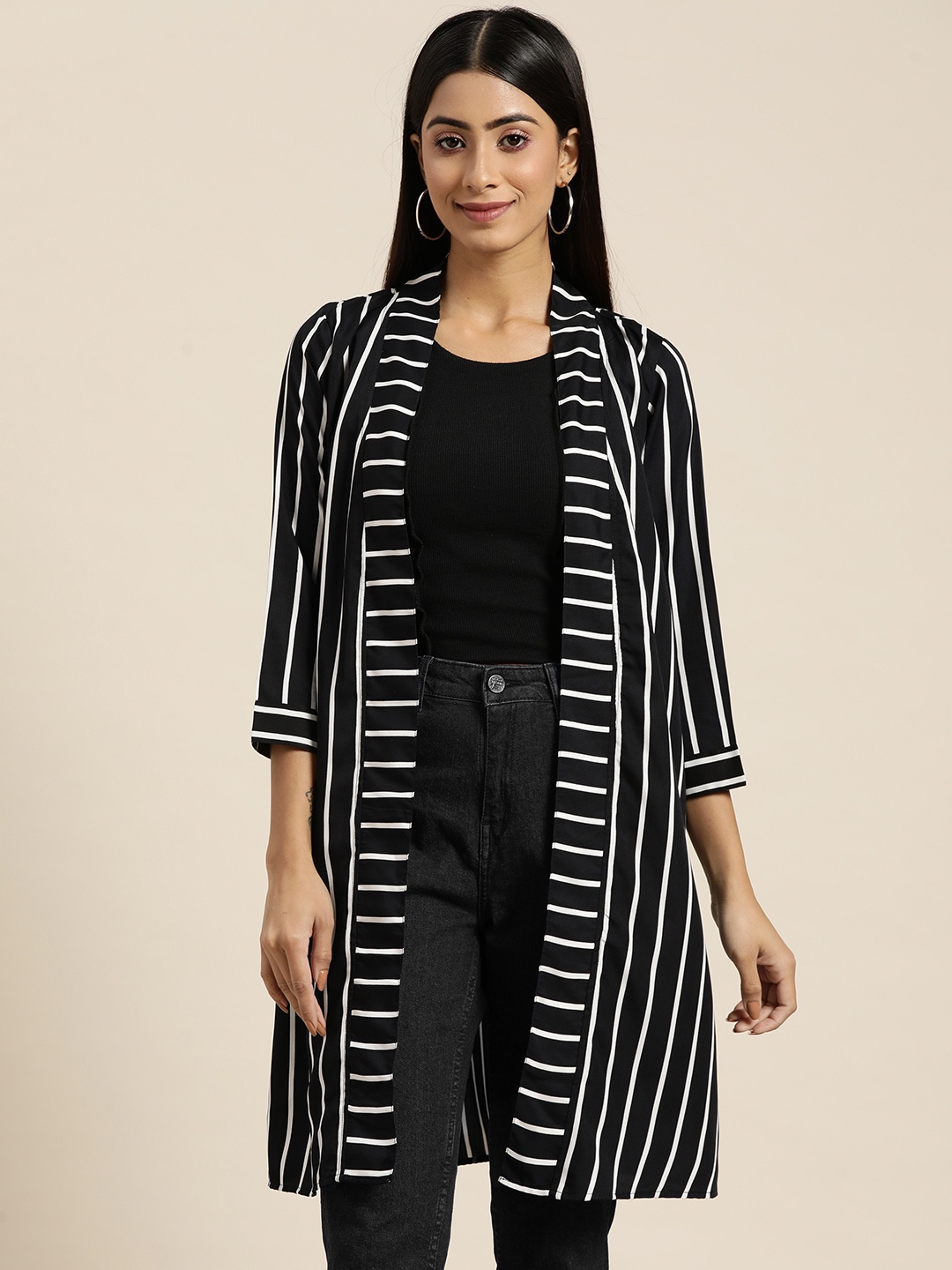 

Qurvii Women Striped Longline Shrug, Black