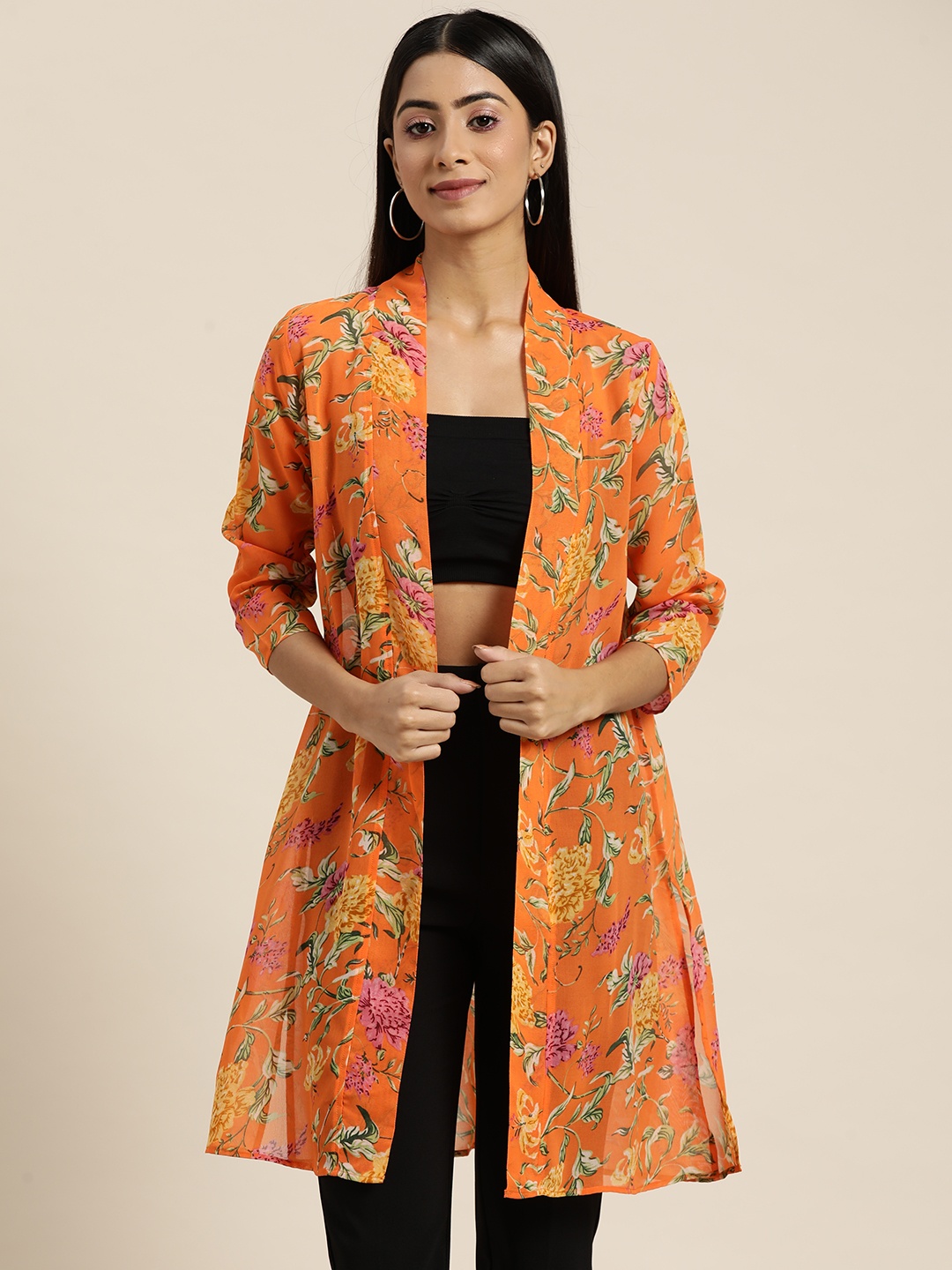 

Qurvii Women Floral Printed Longline Shrug, Orange