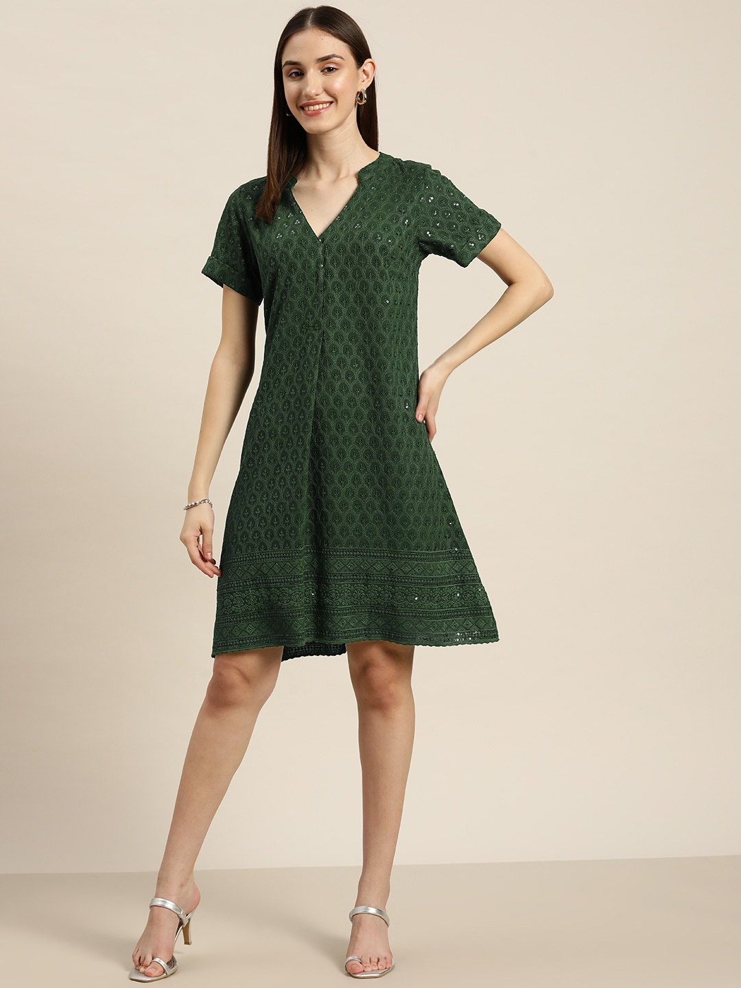 

Qurvii Green Embroidered A-Line Dress