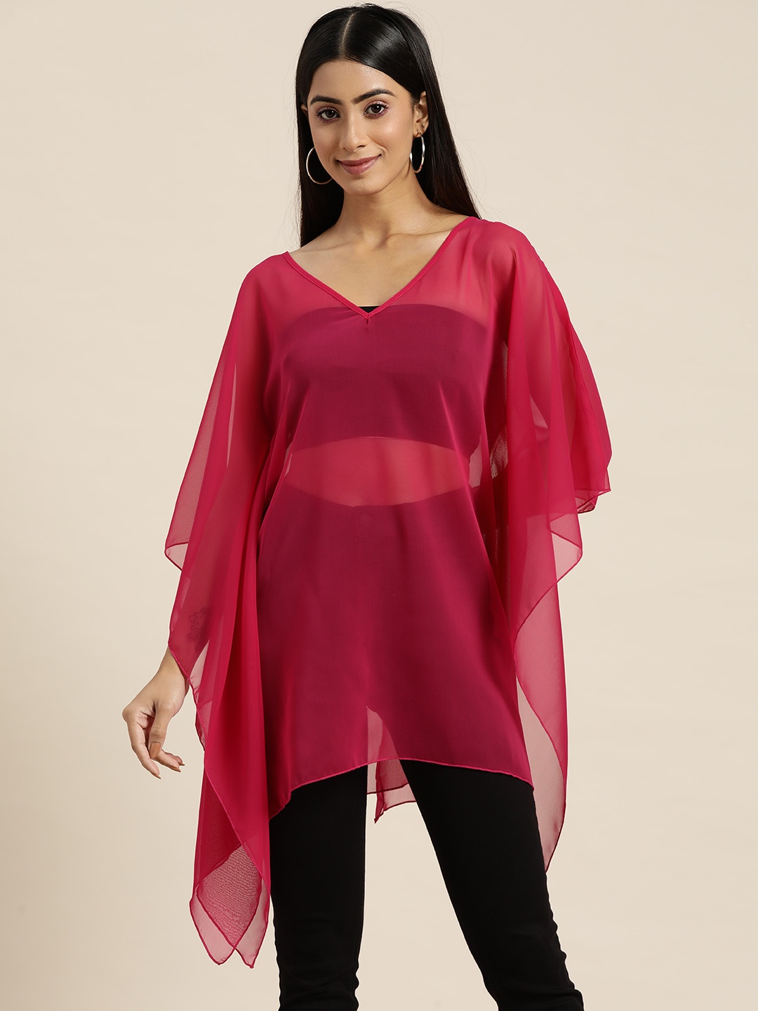 

Qurvii V-Neck Georgette Kaftan Longline Top, Magenta