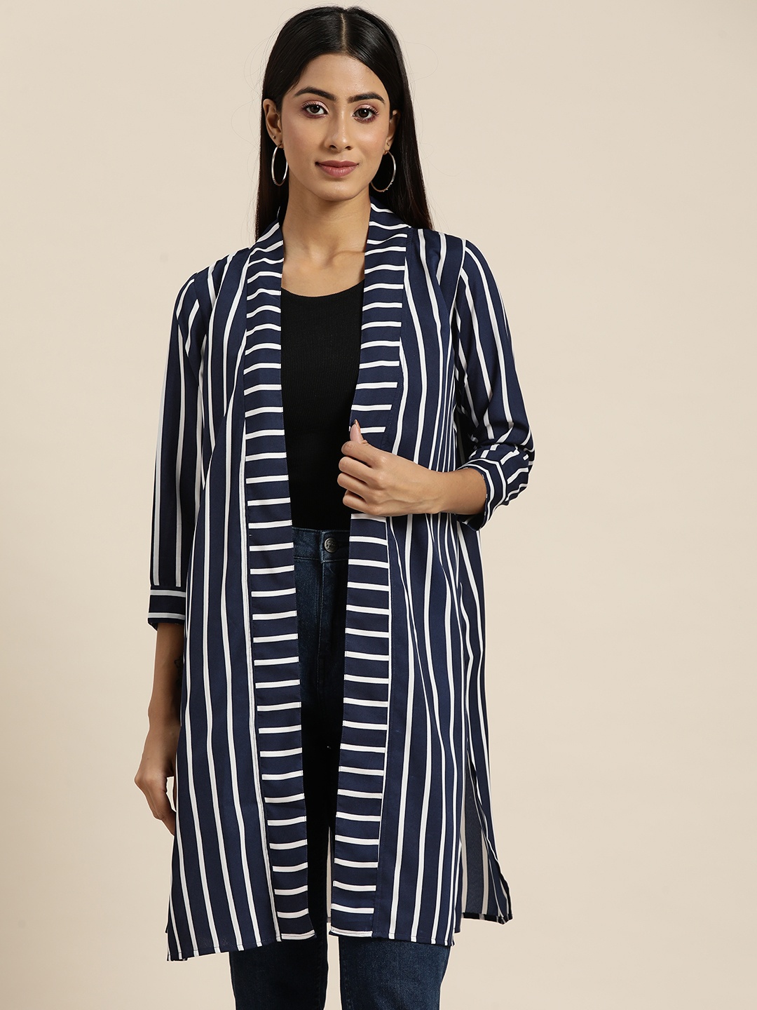 

Qurvii Women Striped Longline Shrug, Navy blue