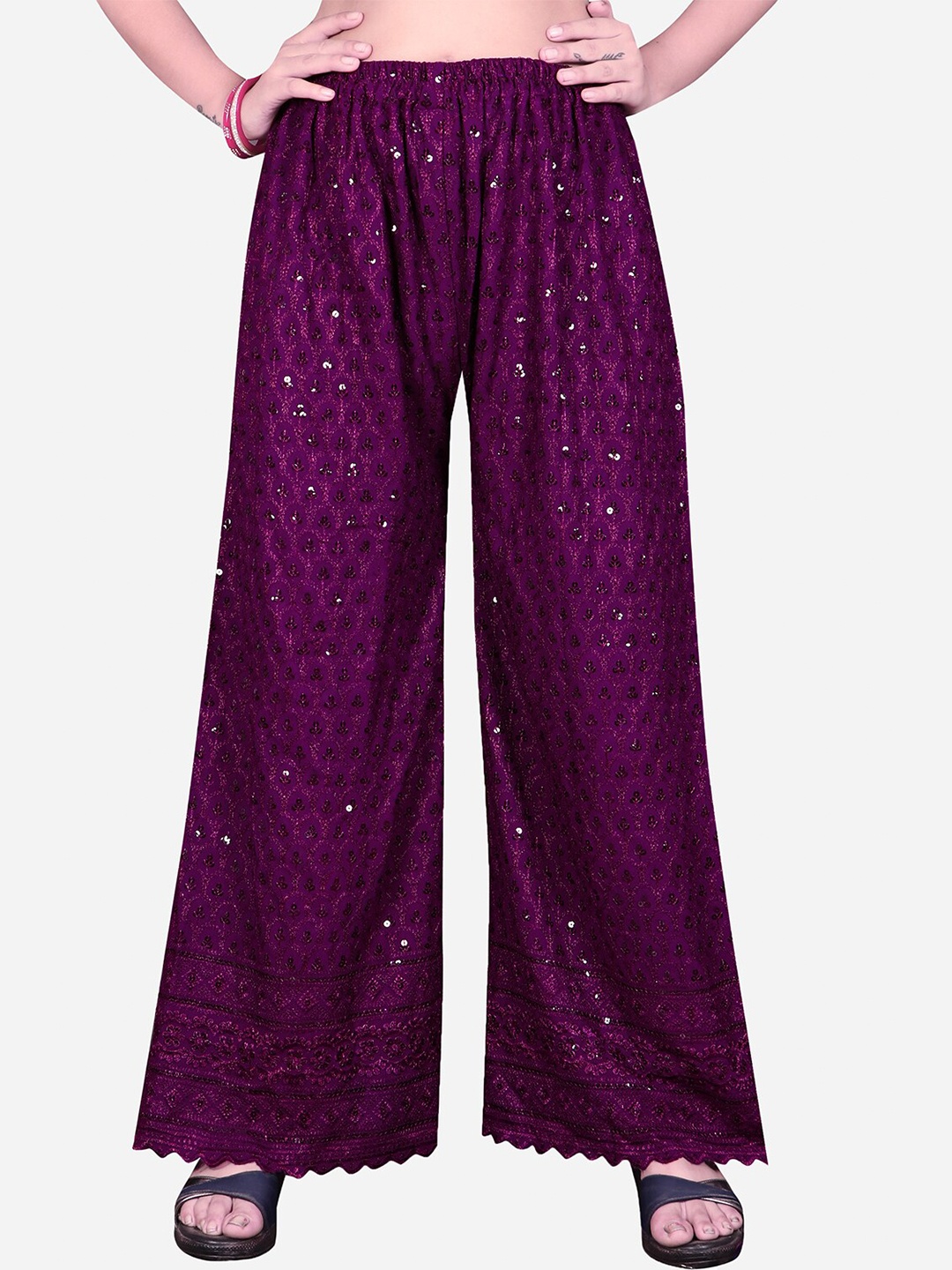 

PUJIA MILLS Women Violet Embellished Schiffli Knitted Palazzos