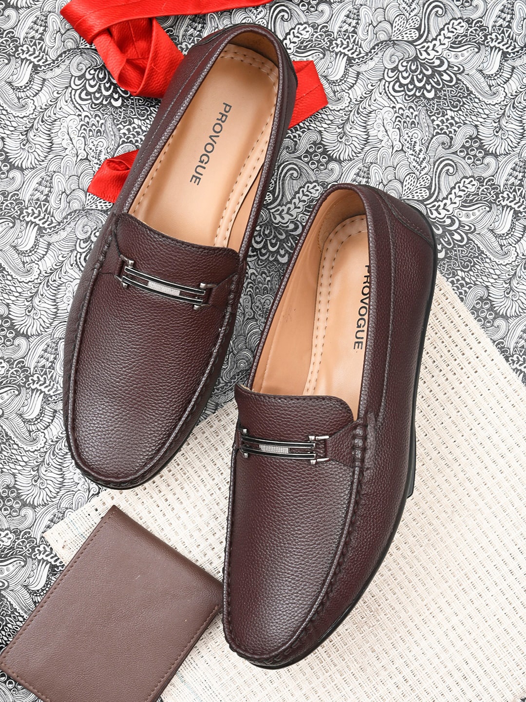 

Provogue Men Brown Textured Leather Slip-on Formal Loafers