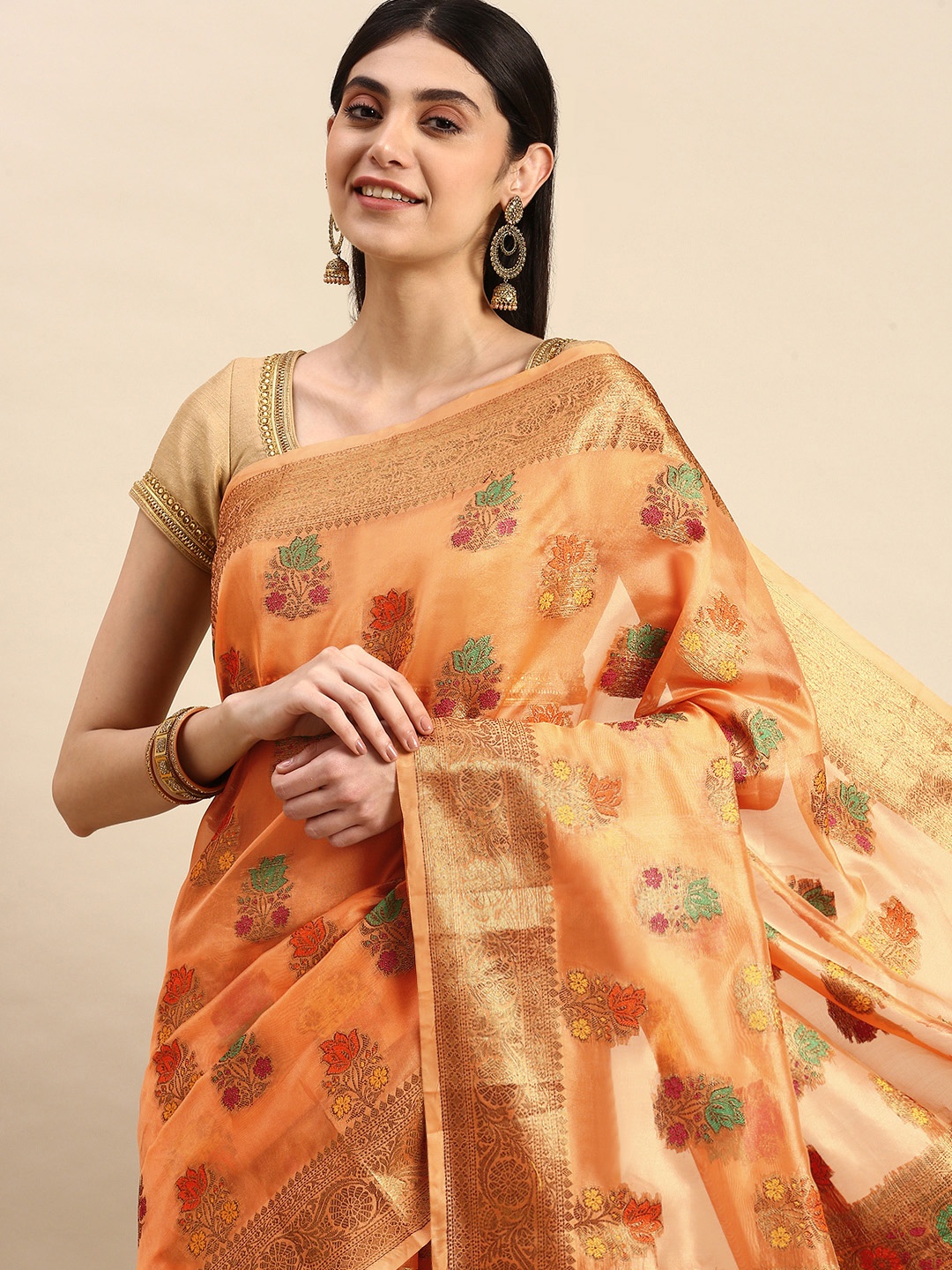 

Mitera Peach-Coloured & Green Floral Zari Organza Kanjeevaram Saree