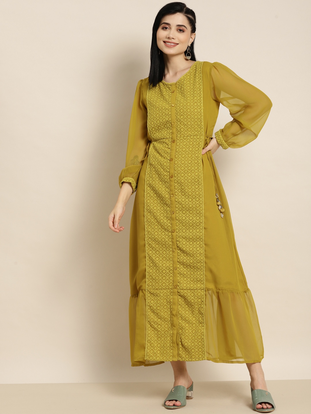 

Juniper Olive Green Embroidered A-Line Ethnic Dress