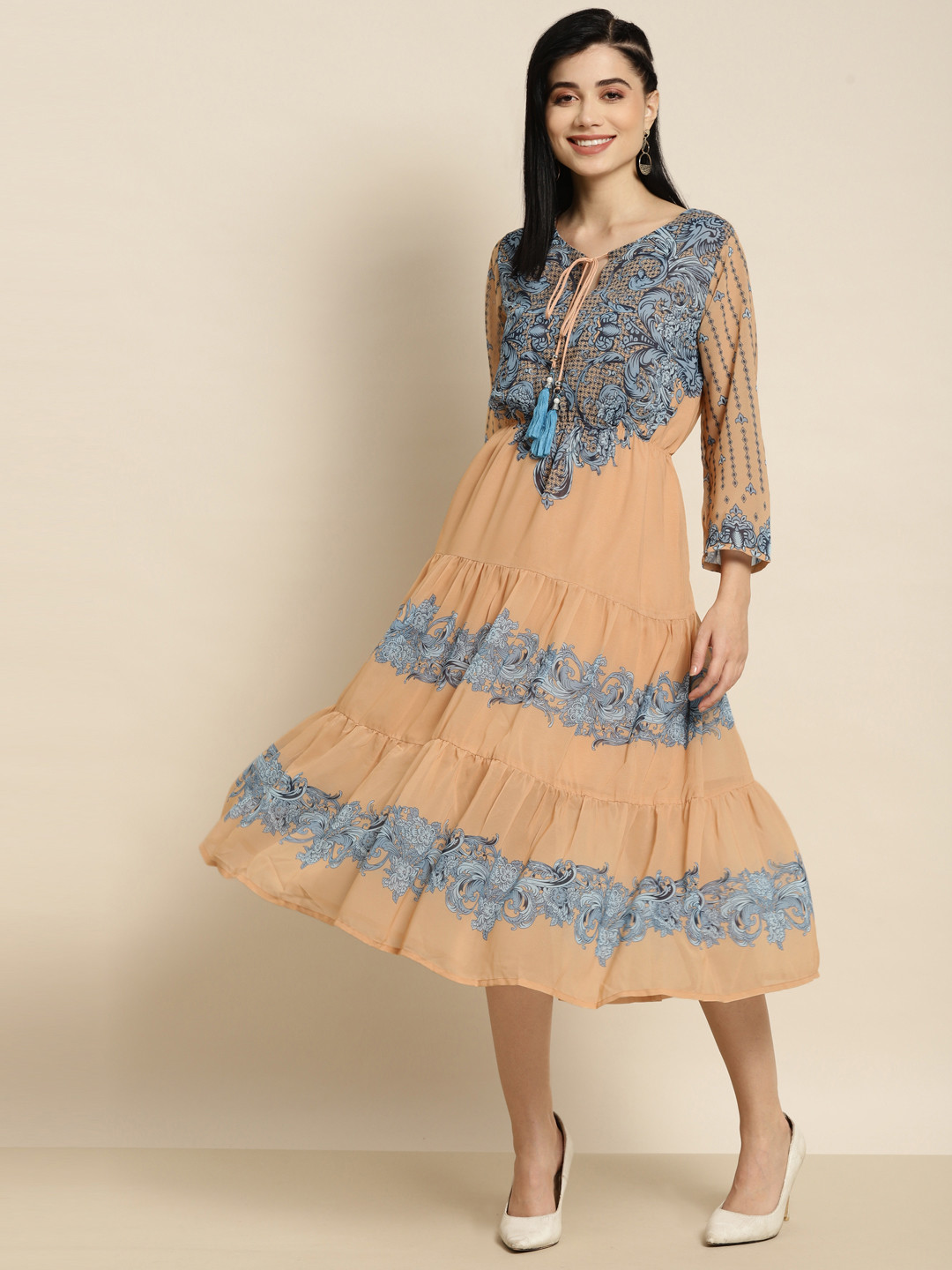 

Juniper Beige & Blue Floral Tiered Midi Ethnic Dress