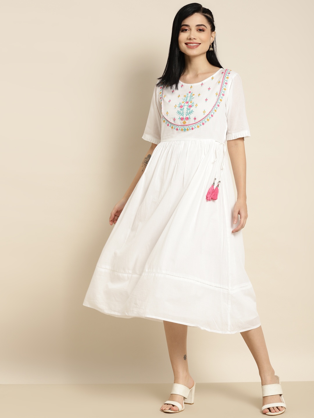 

Juniper White Embroidered Fit & Flare Midi Ethnic Dress