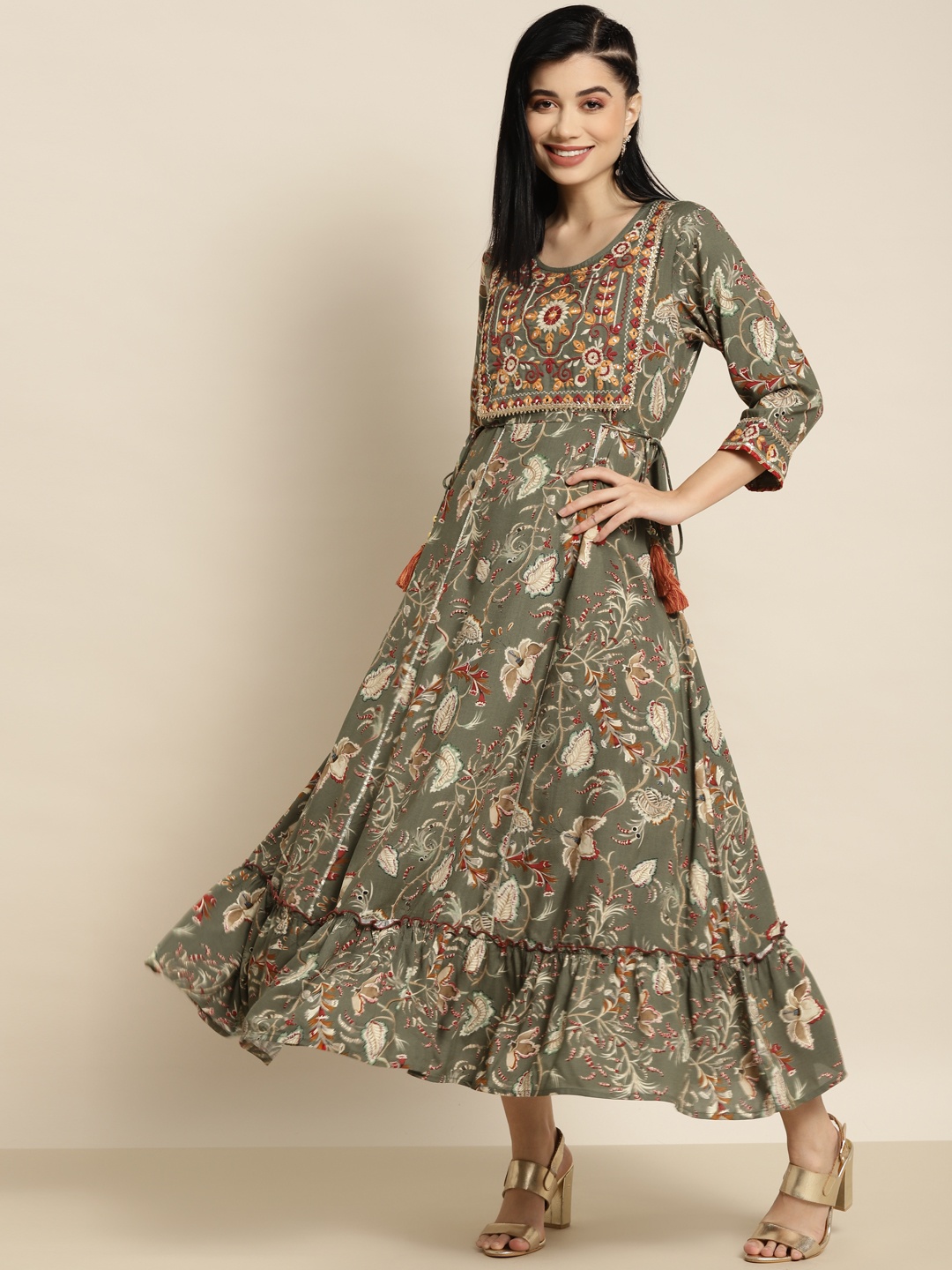 

Juniper Olive Green Floral Printed Maxi Ethnic Dress