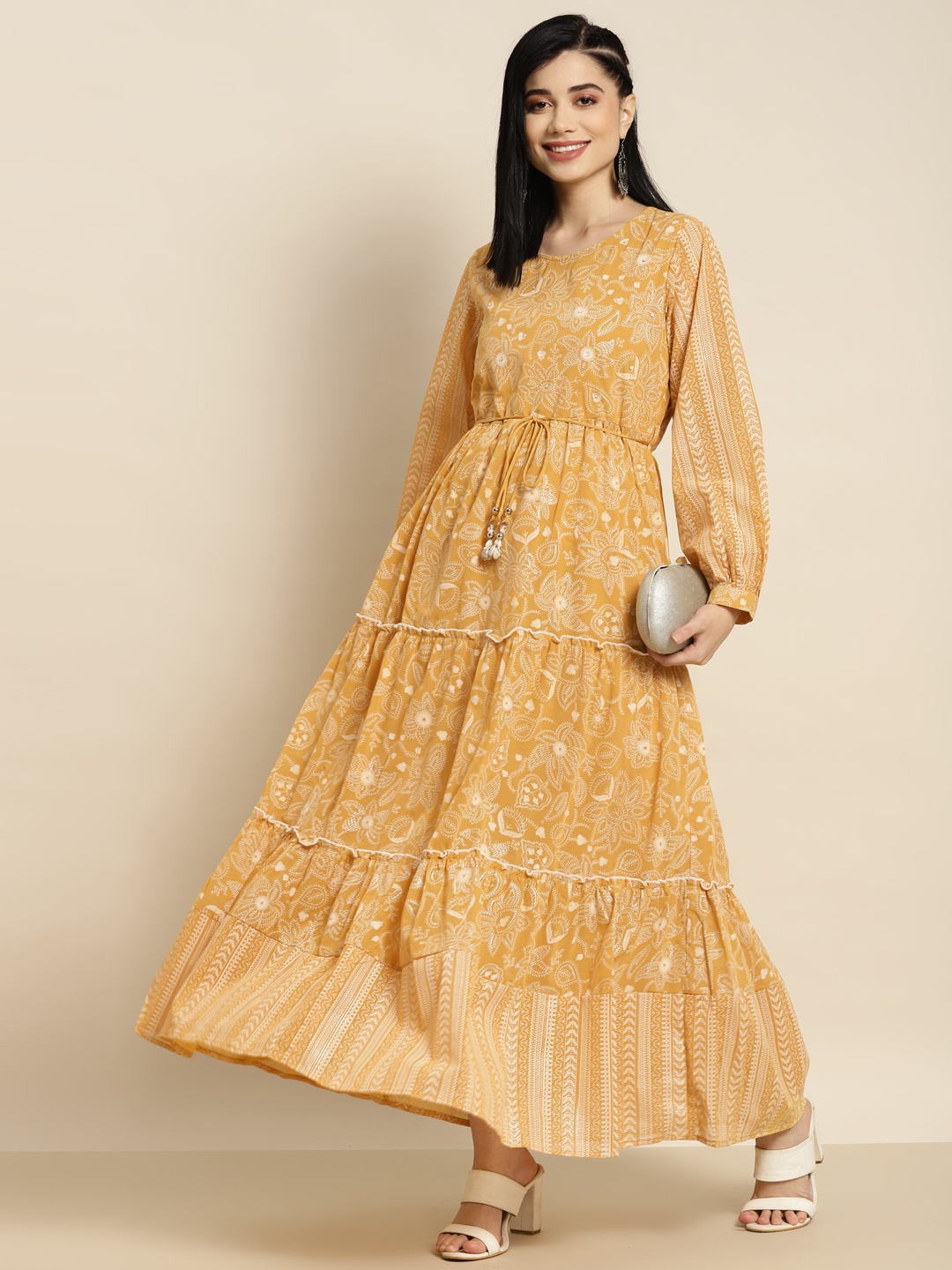 

Juniper Yellow Printed Tiered Maxi Ethnic Dress