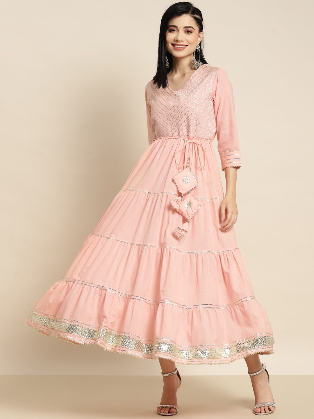 

Juniper Peach-coloured Gotta Patti Tiered Maxi Ethnic Dress