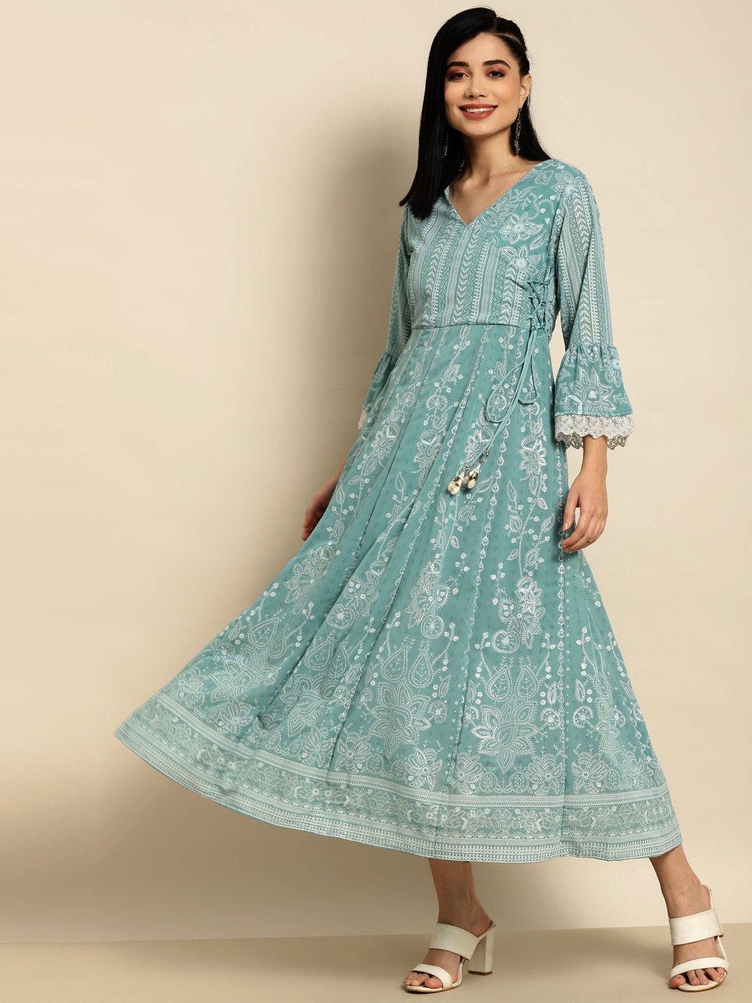 

Juniper Green Printed Angrakha Maxi Ethnic Dress