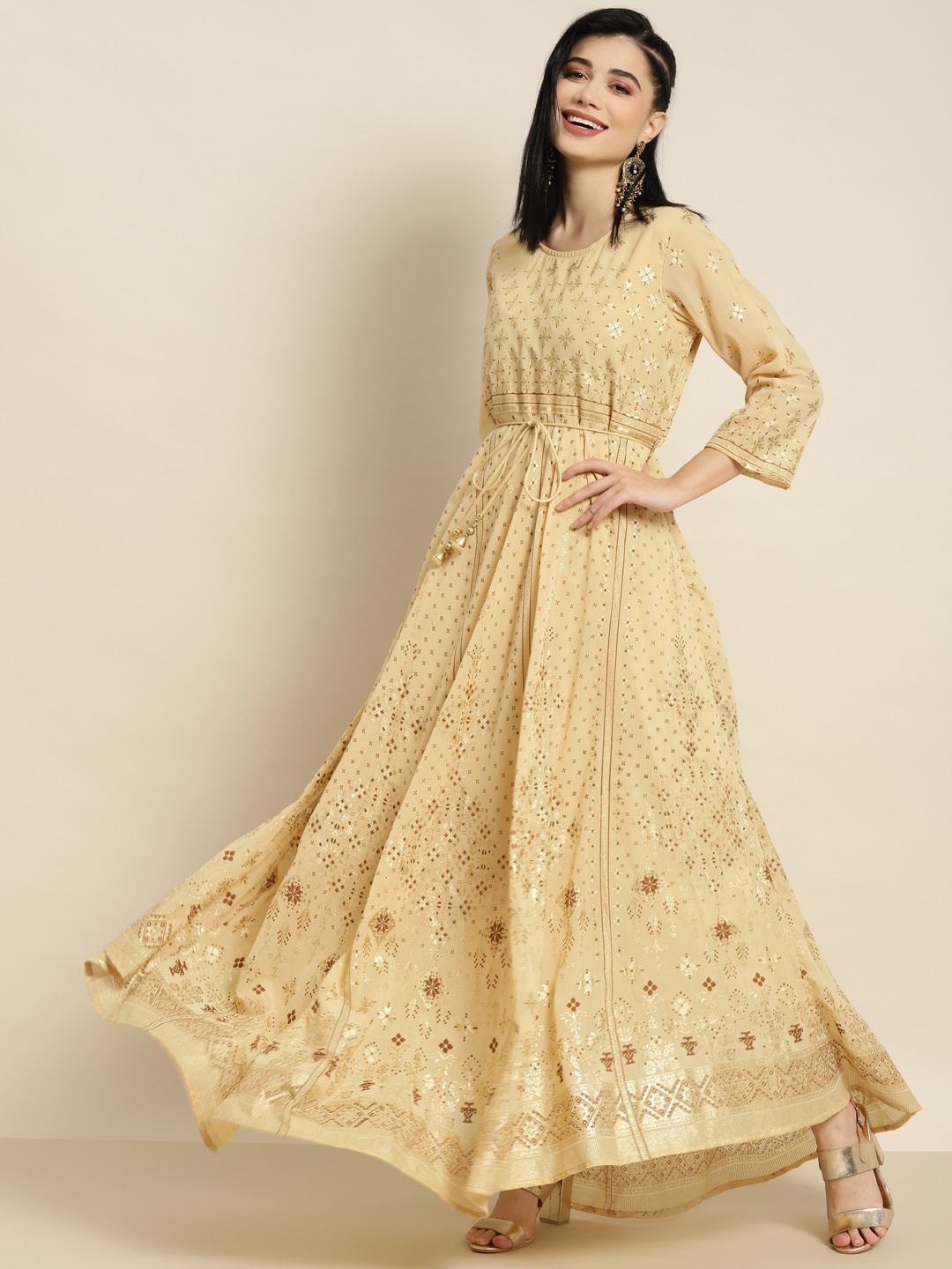 

Juniper Yellow Printed Fit & Flare Maxi Ethnic Dress