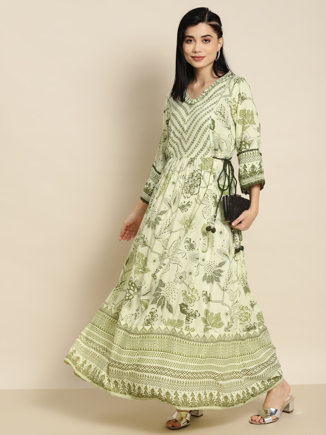 

Juniper Olive Green Printed Flared Ethnic Dress