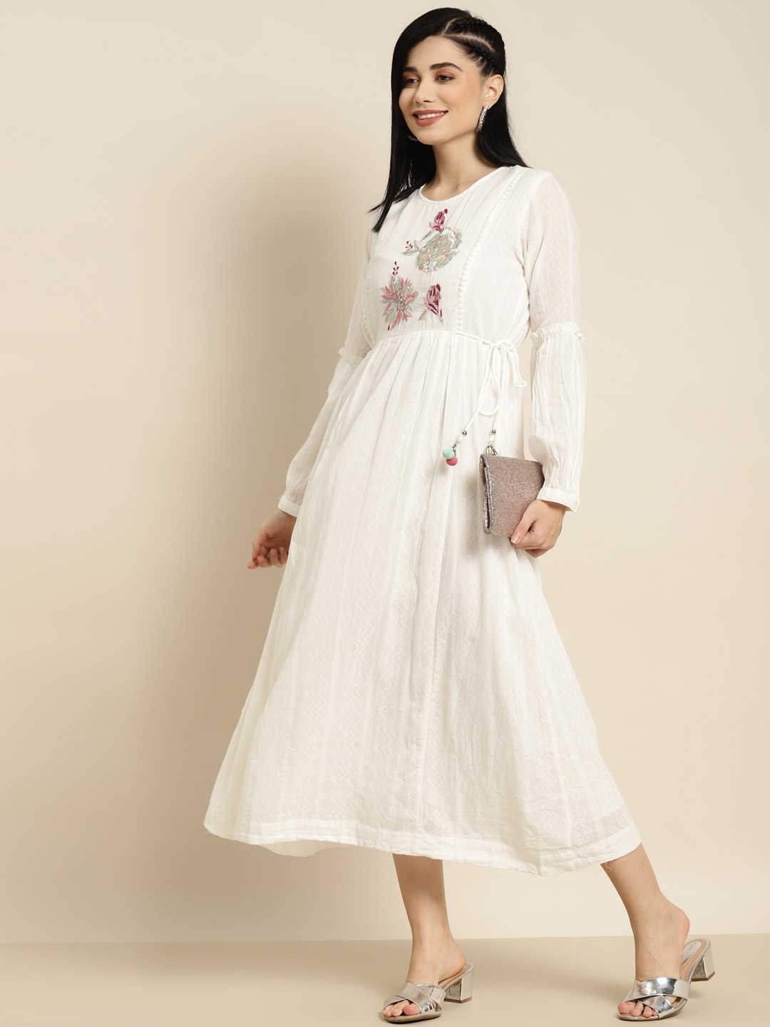 

Juniper White Embroidered Sequined Flared Midi Ethnic Dress