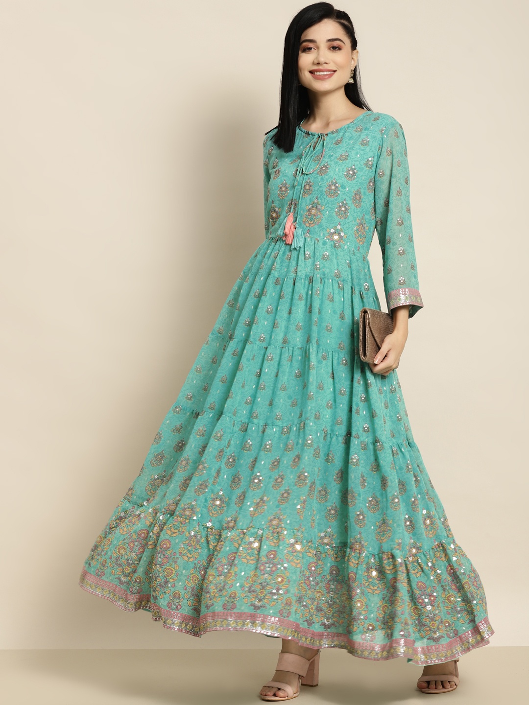

Juniper Mint Green Floral Georgette Tiered Maxi Ethnic Dress