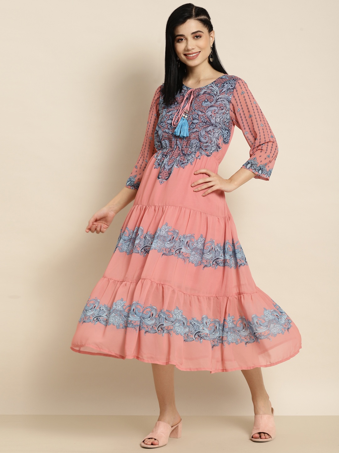 

Juniper Pink Printed Tiered Fit & Flare Ethnic Dress