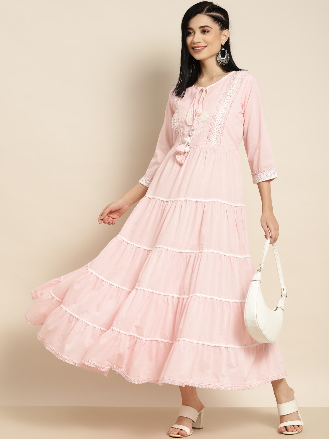 

Juniper Pink Solid Tiered Maxi Ethnic Dress