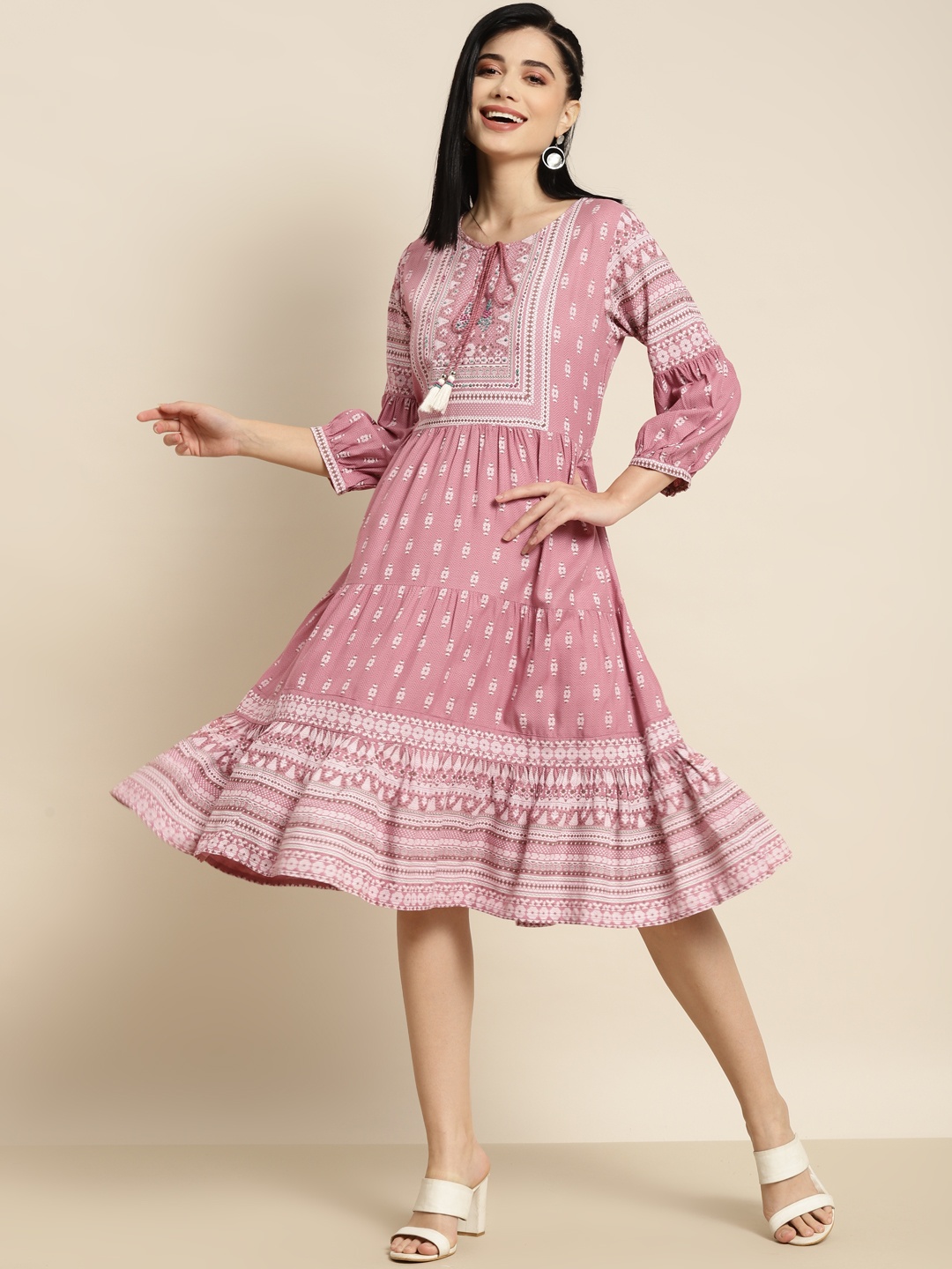 

Juniper Pink Printed Tiered Midi Ethnic Dress