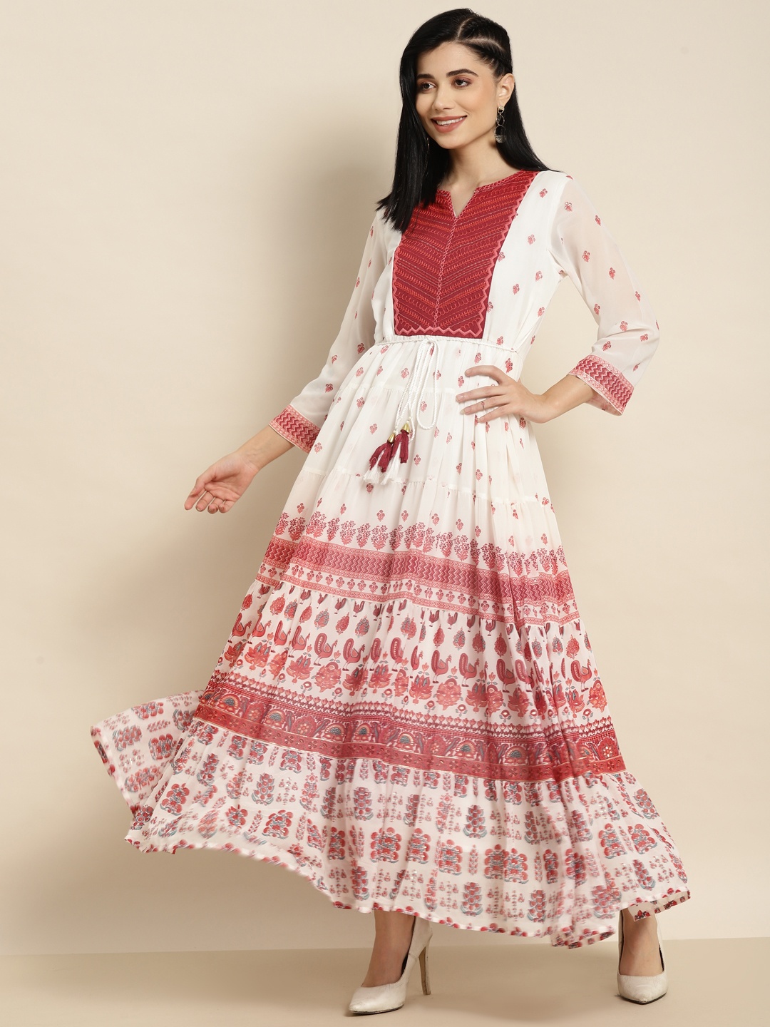 

Juniper White & Maroon Printed Sequined Maxi Ethnic Dress