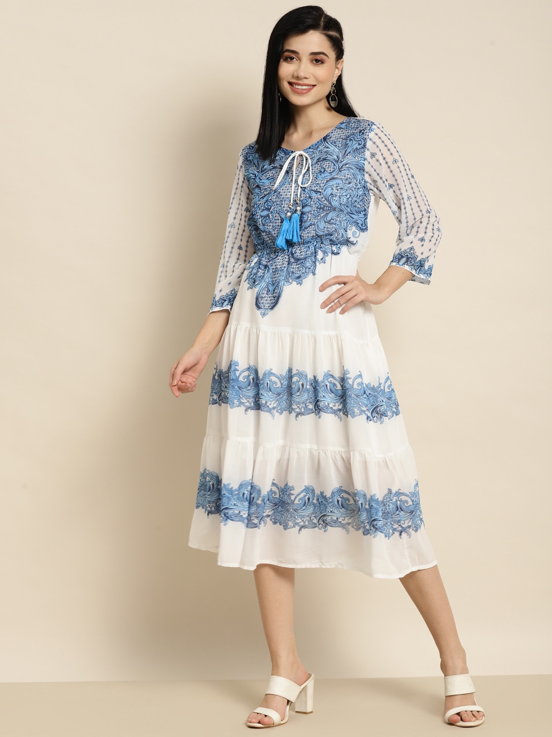 

Juniper Off-white & Blue Printed Tiered Ethnic Dress