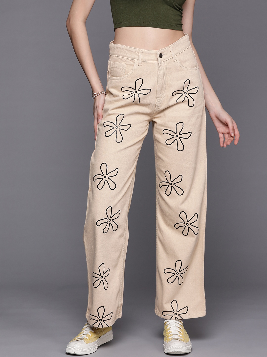 

SASSAFRAS Women Beige Straight Fit High-Rise Printed Jeans