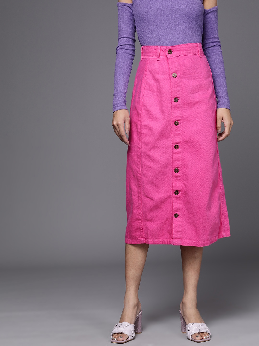 

SASSAFRAS Women Pink Solid Pure Cotton Denim Midi Straight Skirt