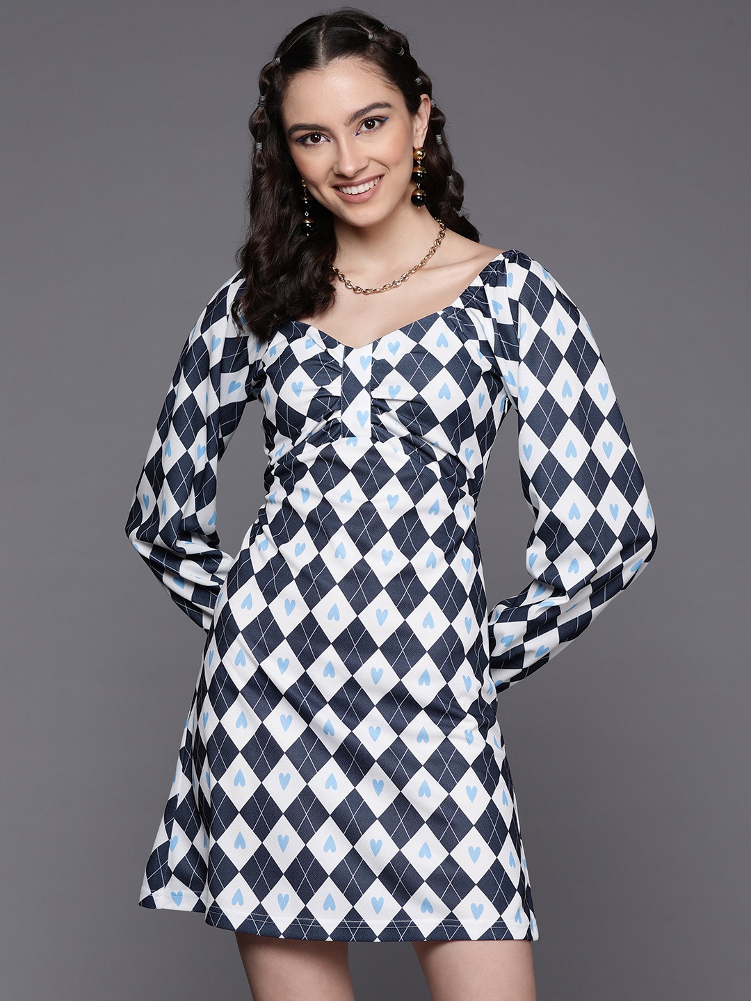 

SASSAFRAS Women Navy Blue & Off White Printed A-Line Dress