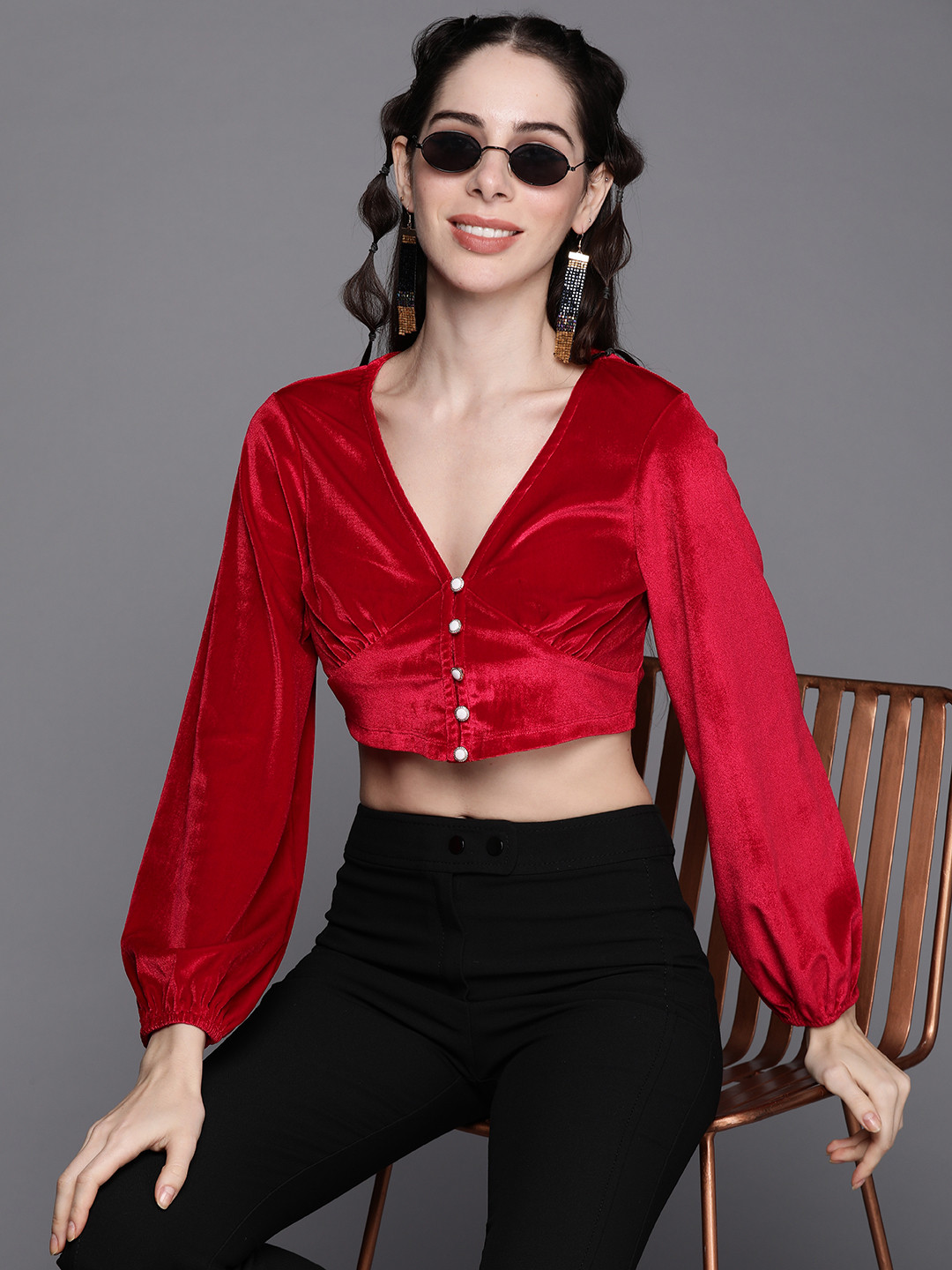 

SASSAFRAS Red Solid Velvet V-Neck Crop Top