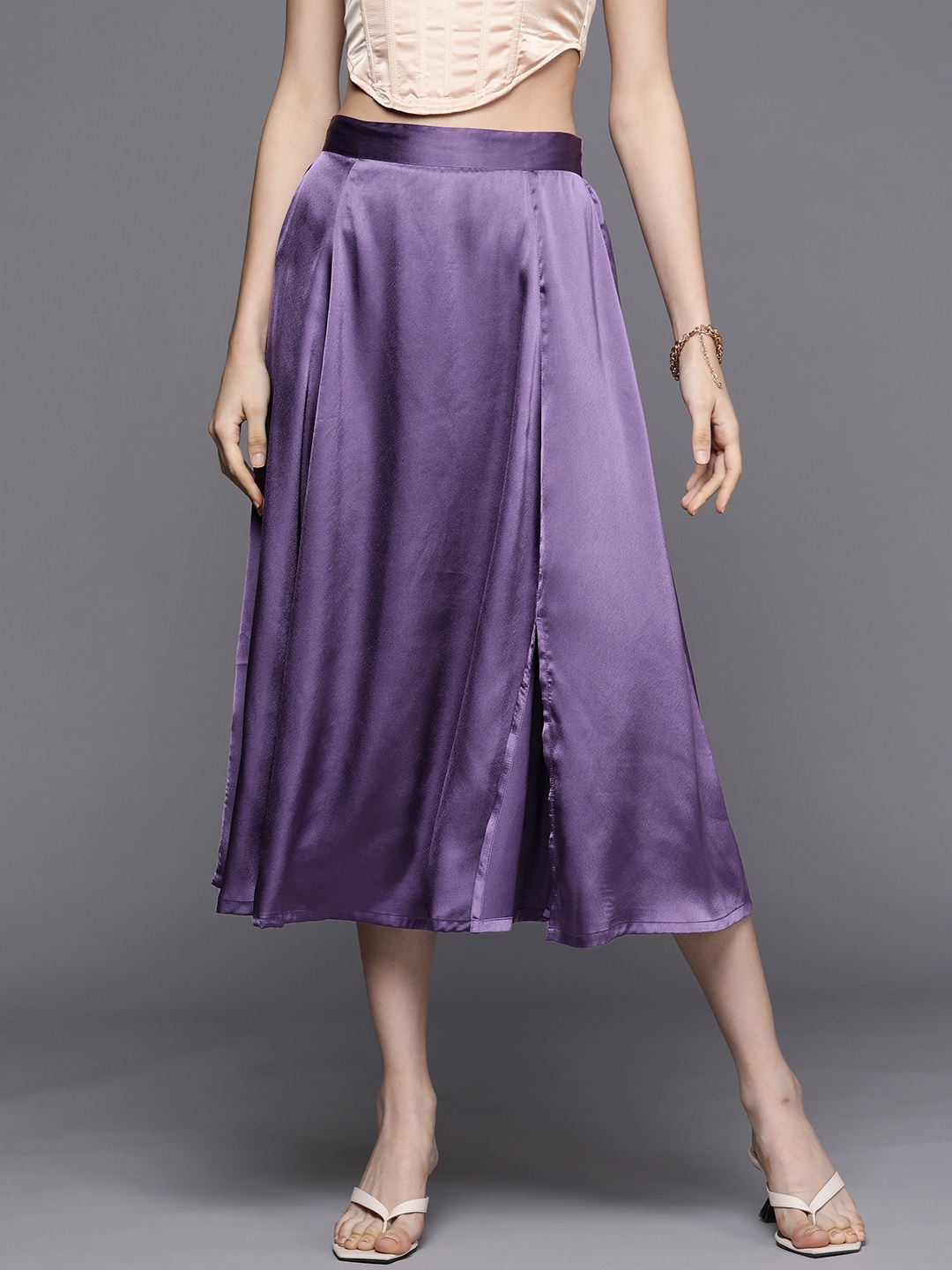 

SASSAFRAS Women Purple Solid Satin Slit Flared Midi Skirt