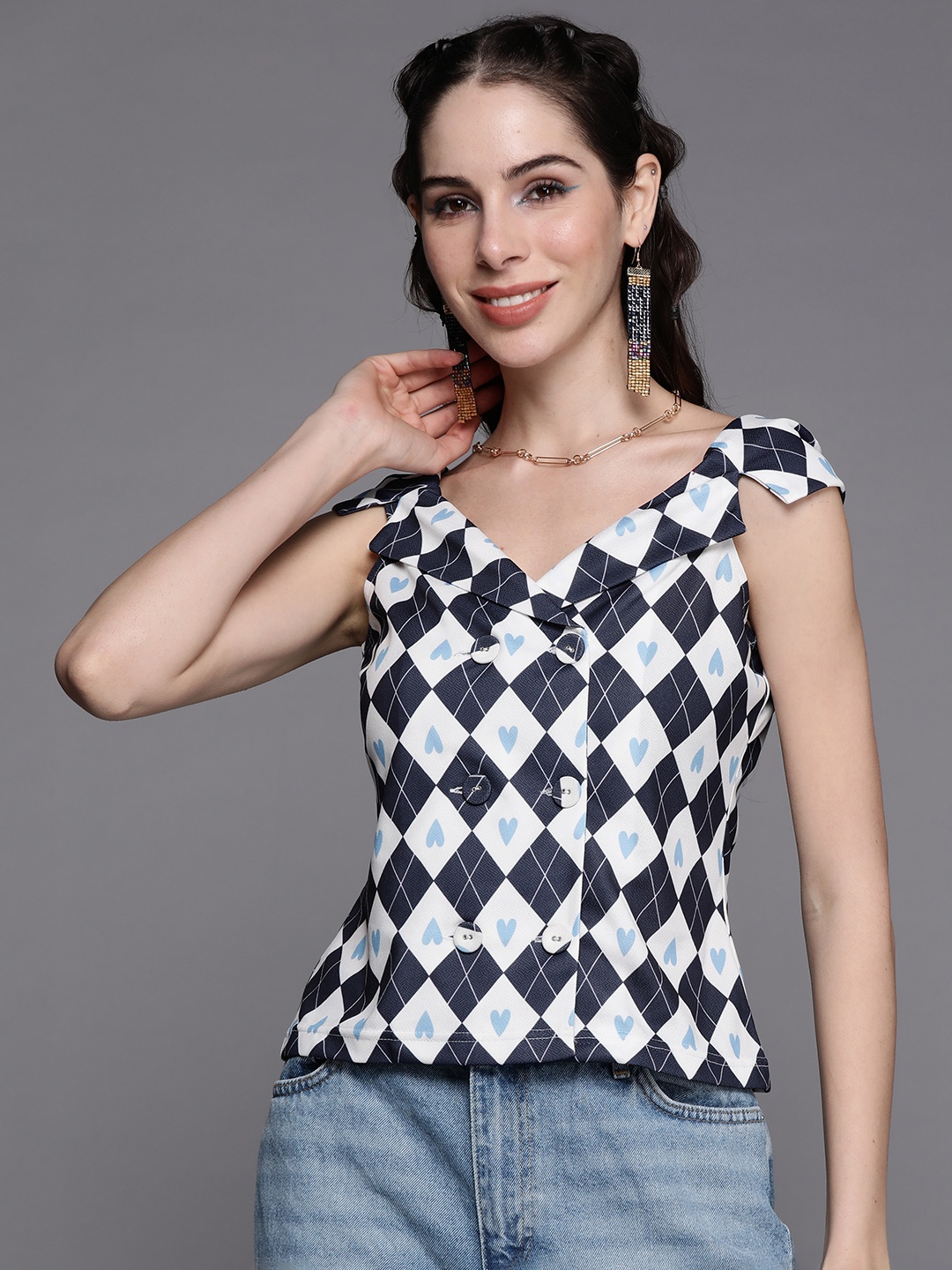

SASSAFRAS Navy Blue & White Geometric Print Double Breasted Top