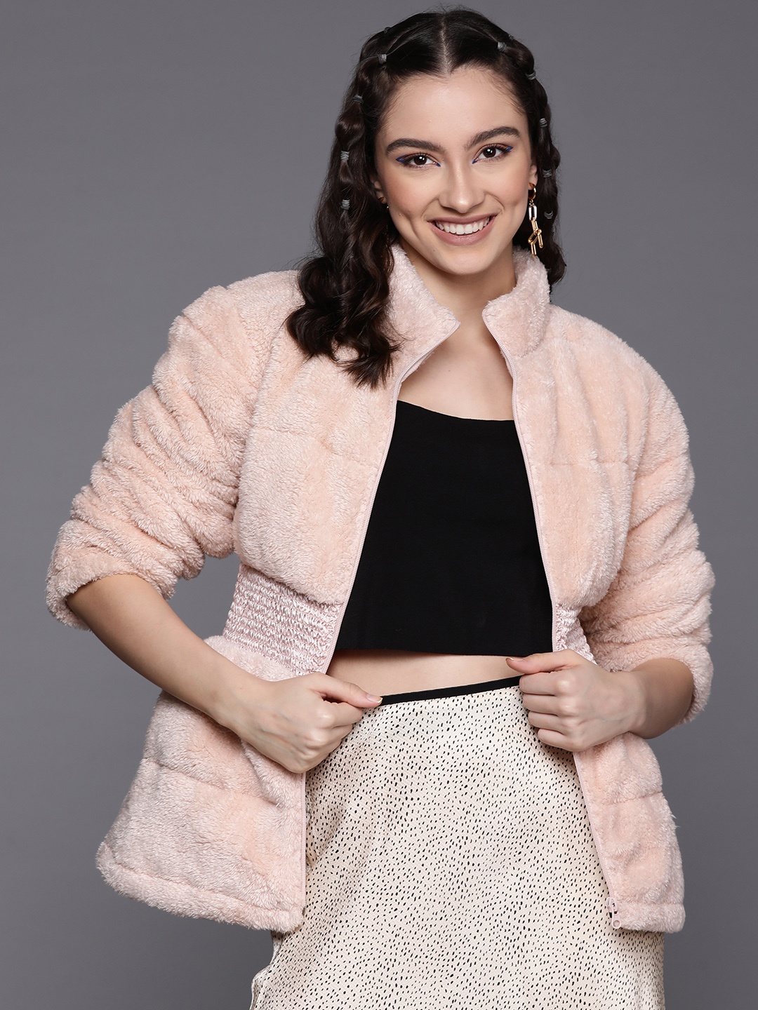 

SASSAFRAS Women Pink Faux Fur Tailored Jacket