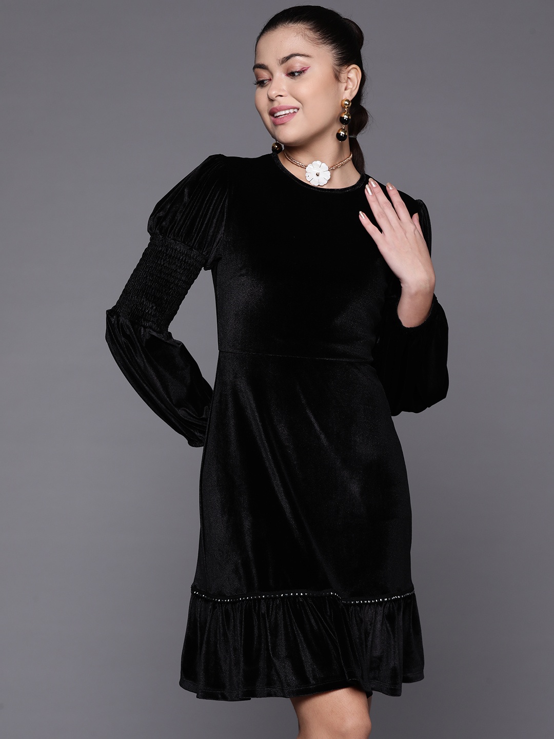 

SASSAFRAS Women Black Velvet A-Line Dress