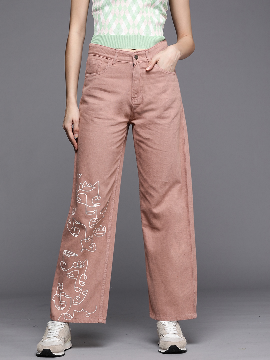 

SASSAFRAS Women Peach-Coloured Straight Fit High-Rise Line Art Print Jeans