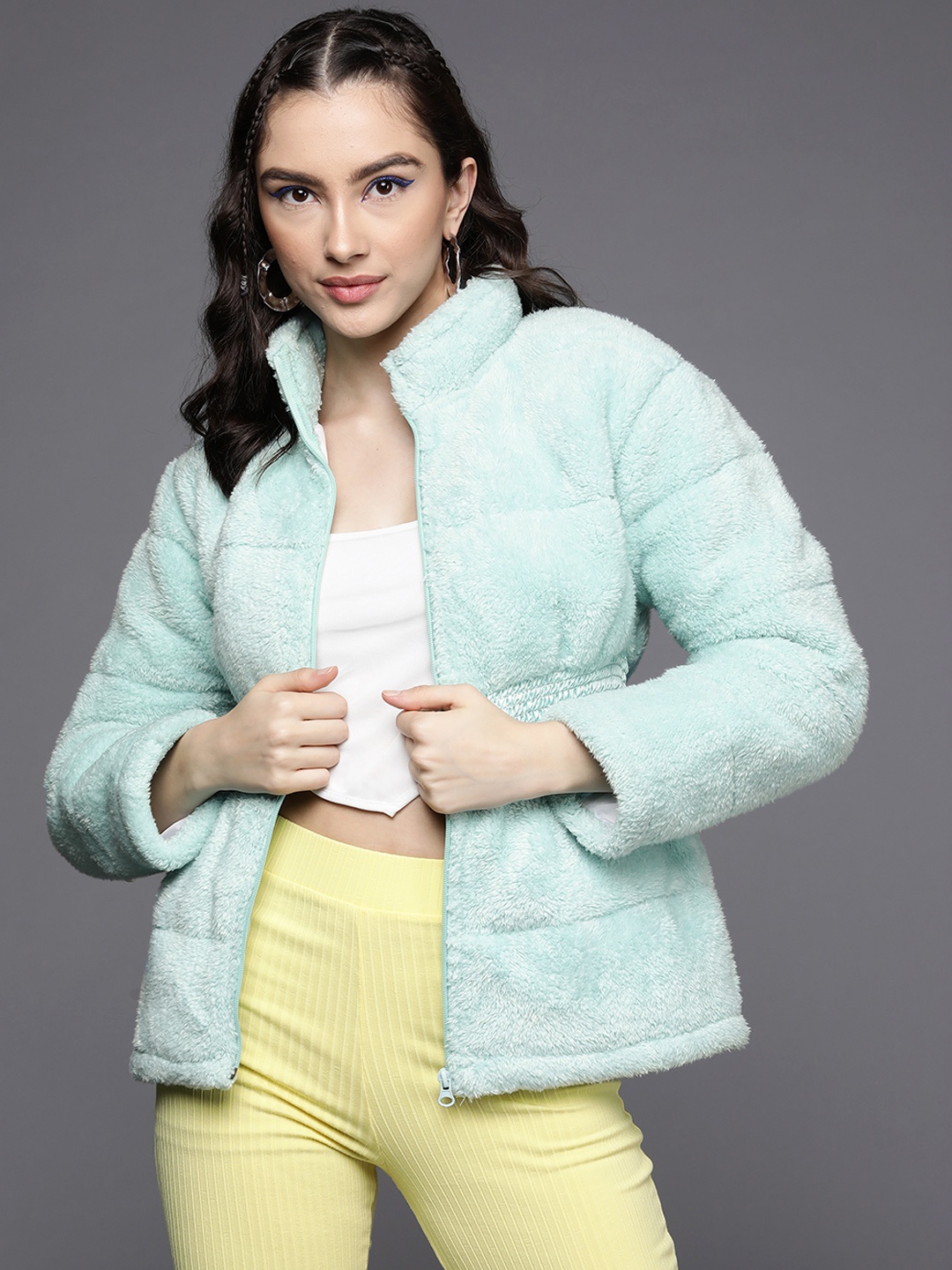 

SASSAFRAS Women Turquoise Blue Elasticated Waistband Padded Fur Jacket