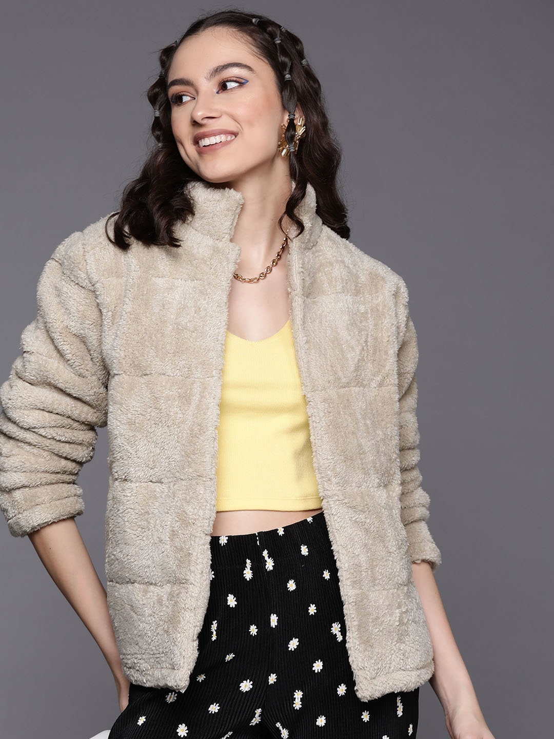 

SASSAFRAS Women Beige Faux Fur Tailored Jacket