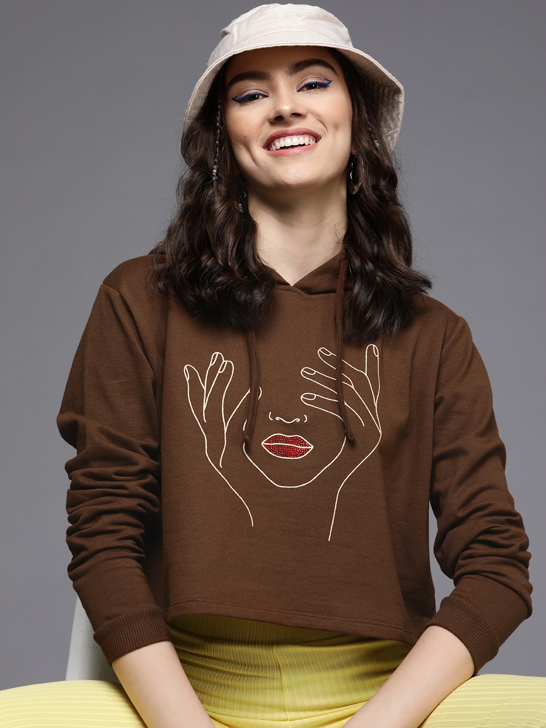 

SASSAFRAS Women Brown Printed Hooded Sweatshirt