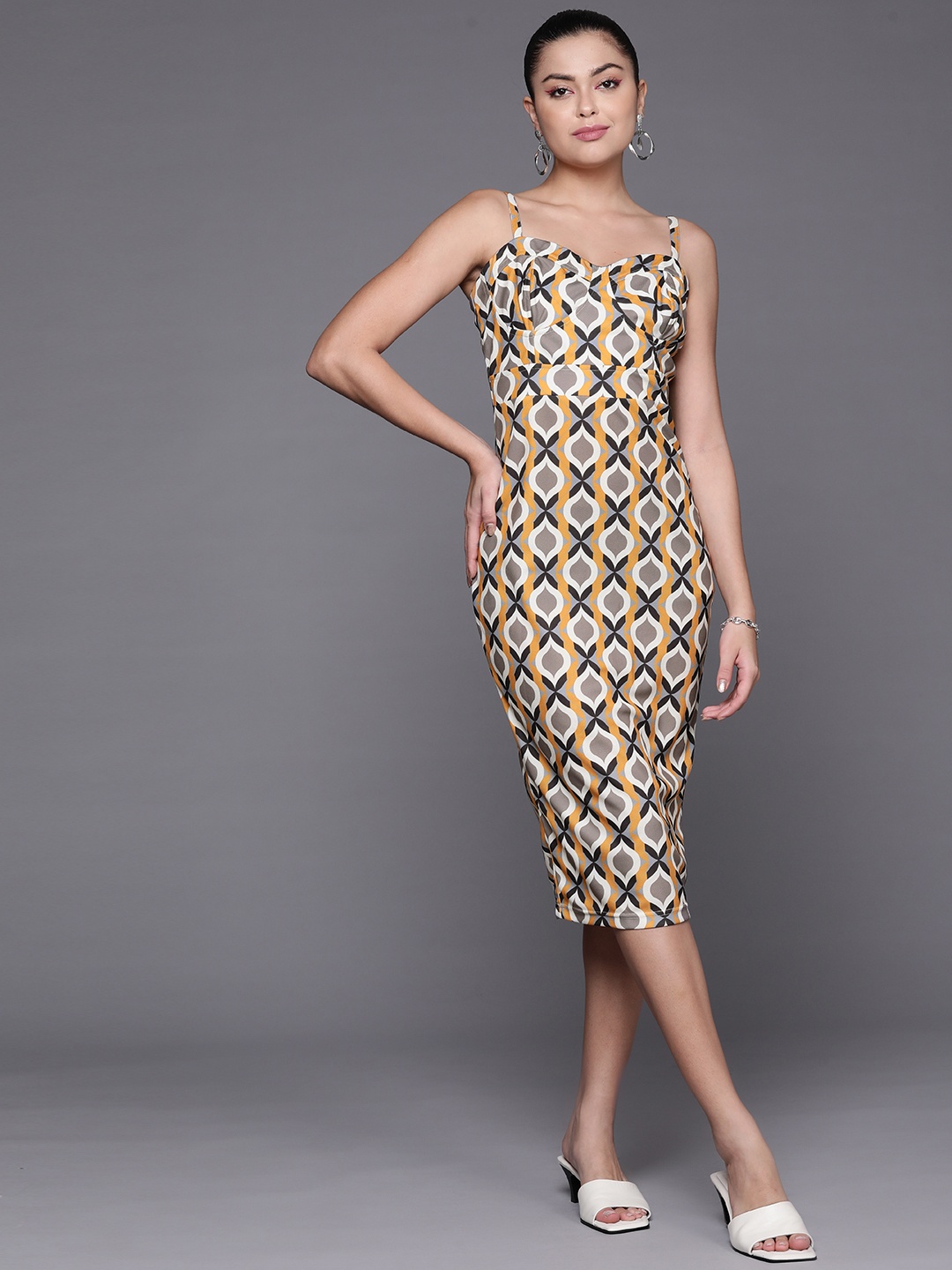 

SASSAFRAS Women Mustard Yellow & Grey Printed Sheath Midi Dress